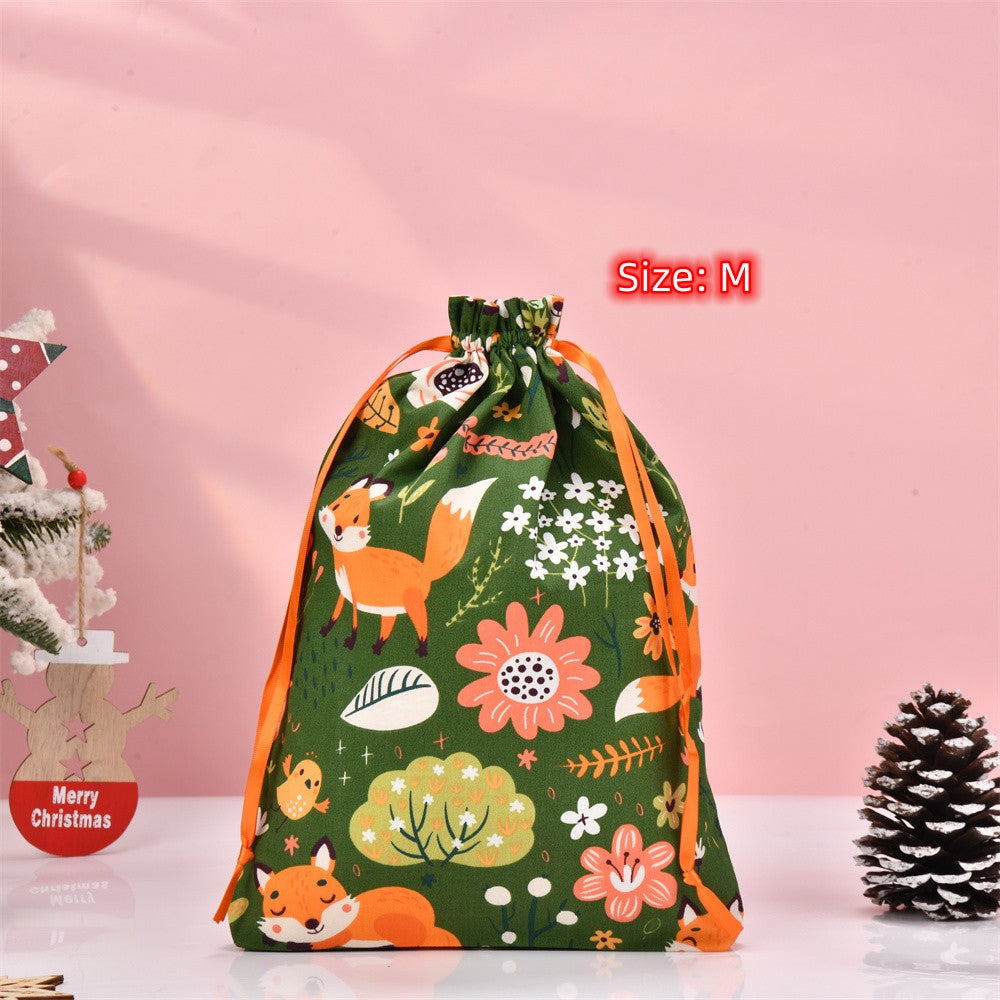 Fox and Plant Green Drawstring Gift Bag