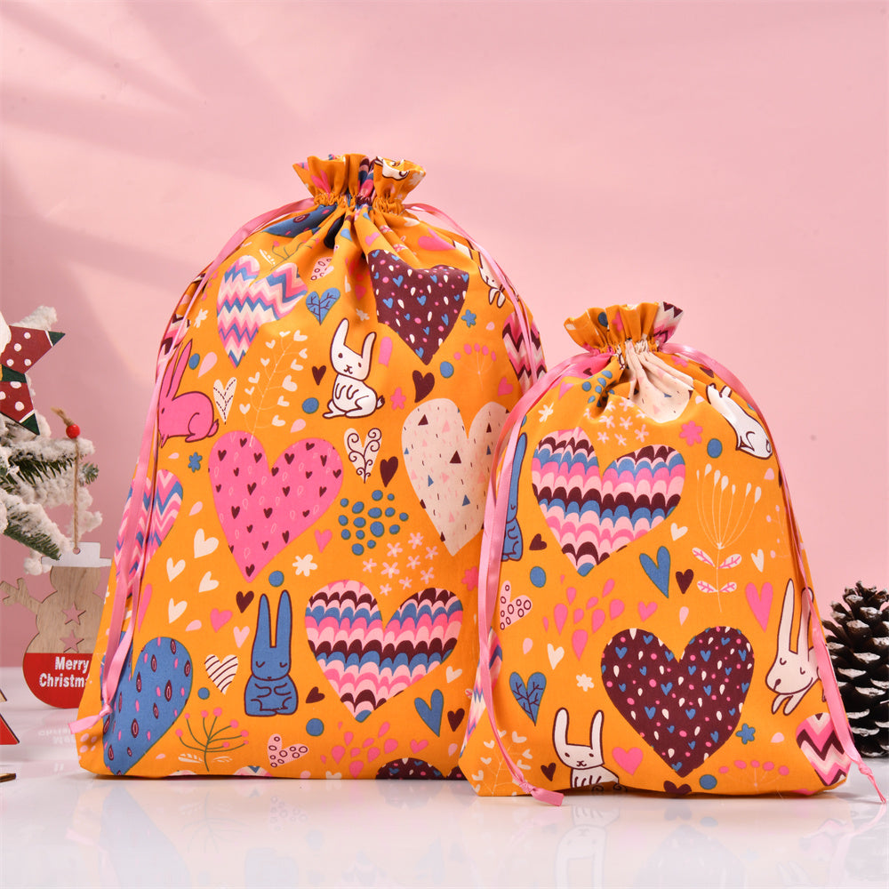 M/L Yellow Heart Rabbit Flowers Drawstring Gift Bag