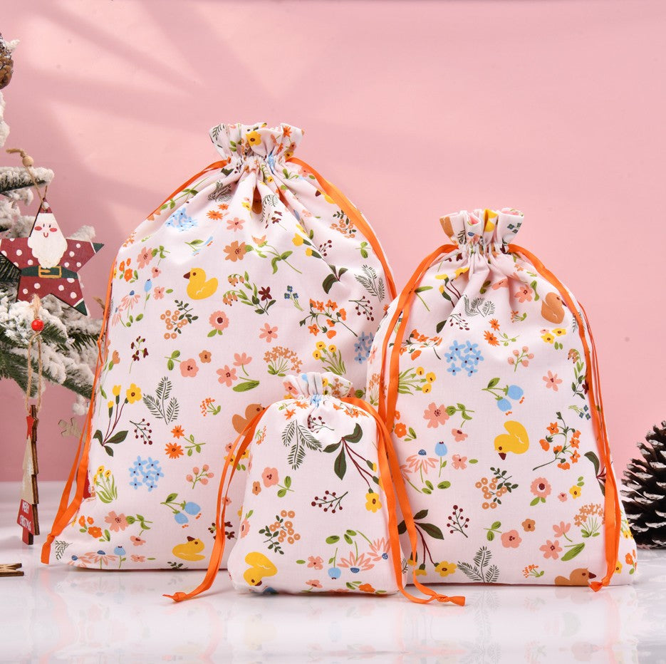 Yellow Duck Floral Cotton Fabric Drawstring Gift Bag