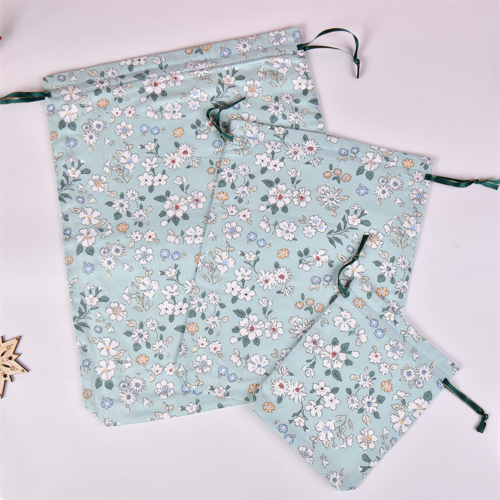 Light Green Flower Cotton Drawstring Gift Bag