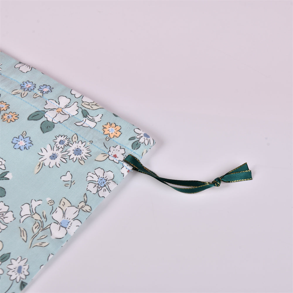 Light Green Flower Cotton Drawstring Gift Bag