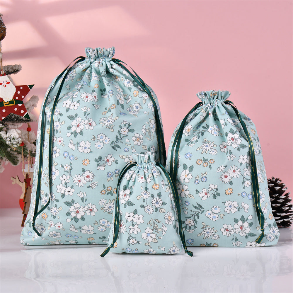 Light Green Flower Cotton Drawstring Gift Bag