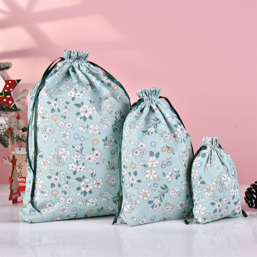 Light Green Flower Cotton Drawstring Gift Bag