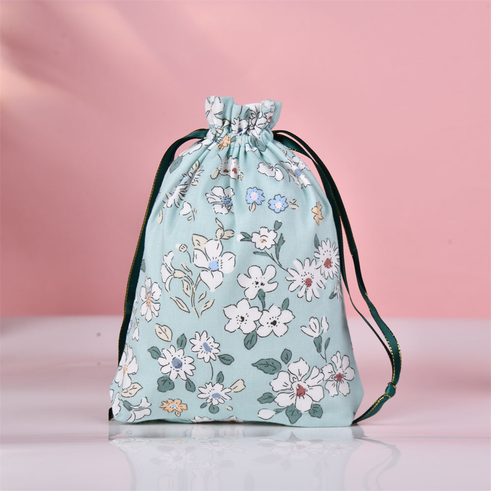 Light Green Flower Cotton Drawstring Gift Bag