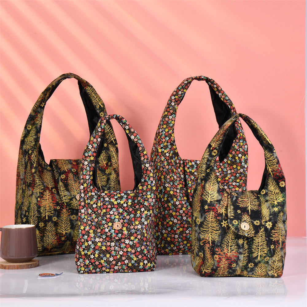 M/L Vintage Bronzing Fabric Flower/Dense Forest Tote Bag