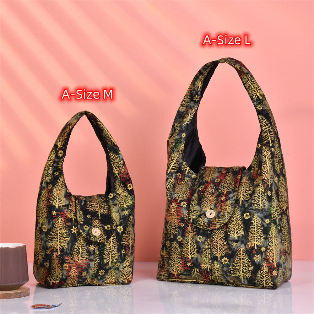 M/L Vintage Bronzing Fabric Flower/Dense Forest Tote Bag