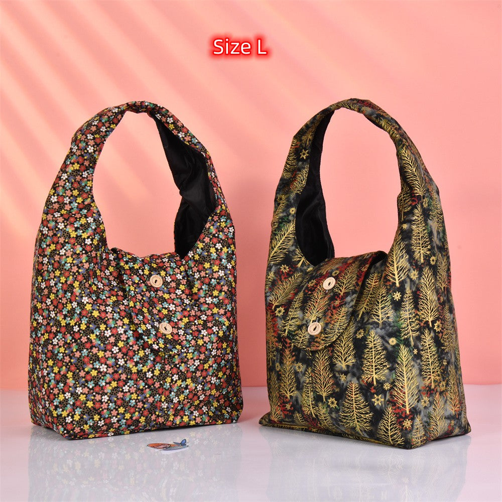 M/L Vintage Bronzing Fabric Flower/Dense Forest Tote Bag