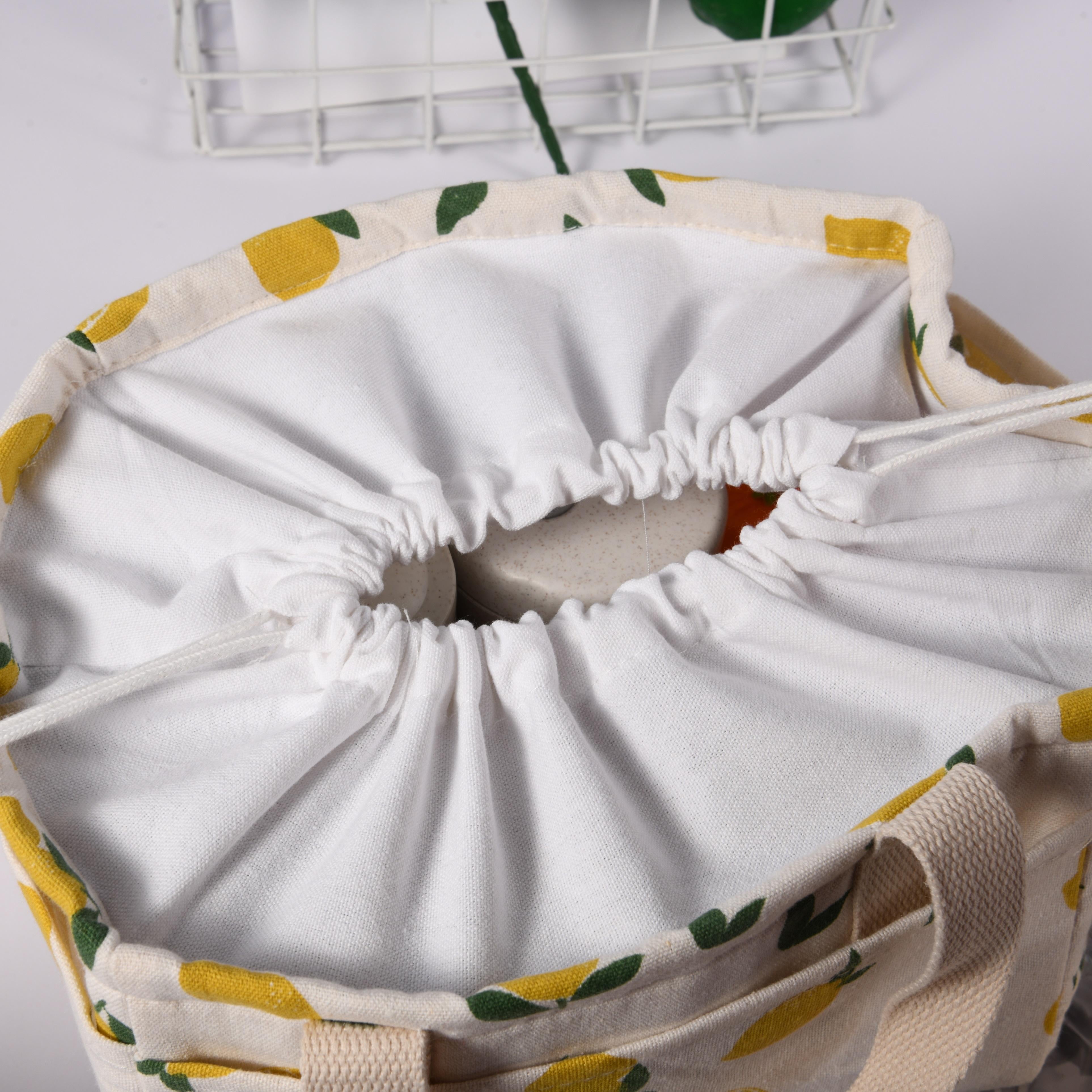 Handmade XL Orange/Avocado/Lemon/Peach Cotton Linen Insulated Lunch Bag,Drawstring Tote, Back to School