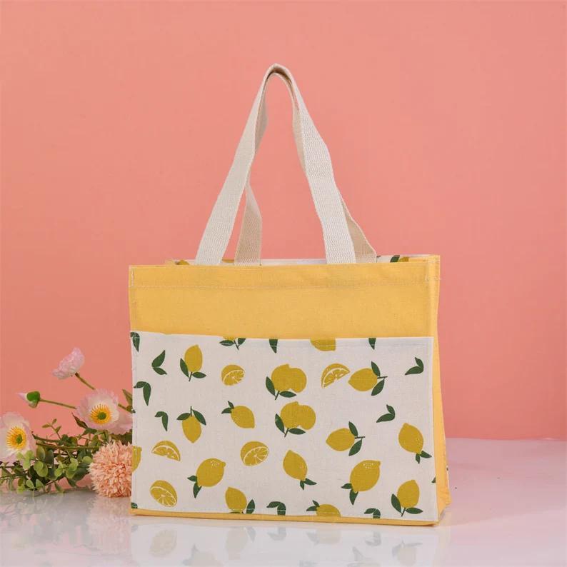 Size M Lemon/Avocado/Orange Linen Canvas Tote, Fruit Lunch Totes, Back to School