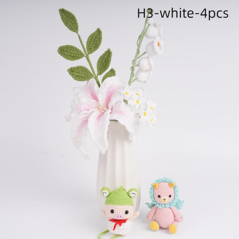 4PCS Handmade Crochet Flower Bouquet,Lily,Rose,Carnation,lily of the valley,Knitted Heart