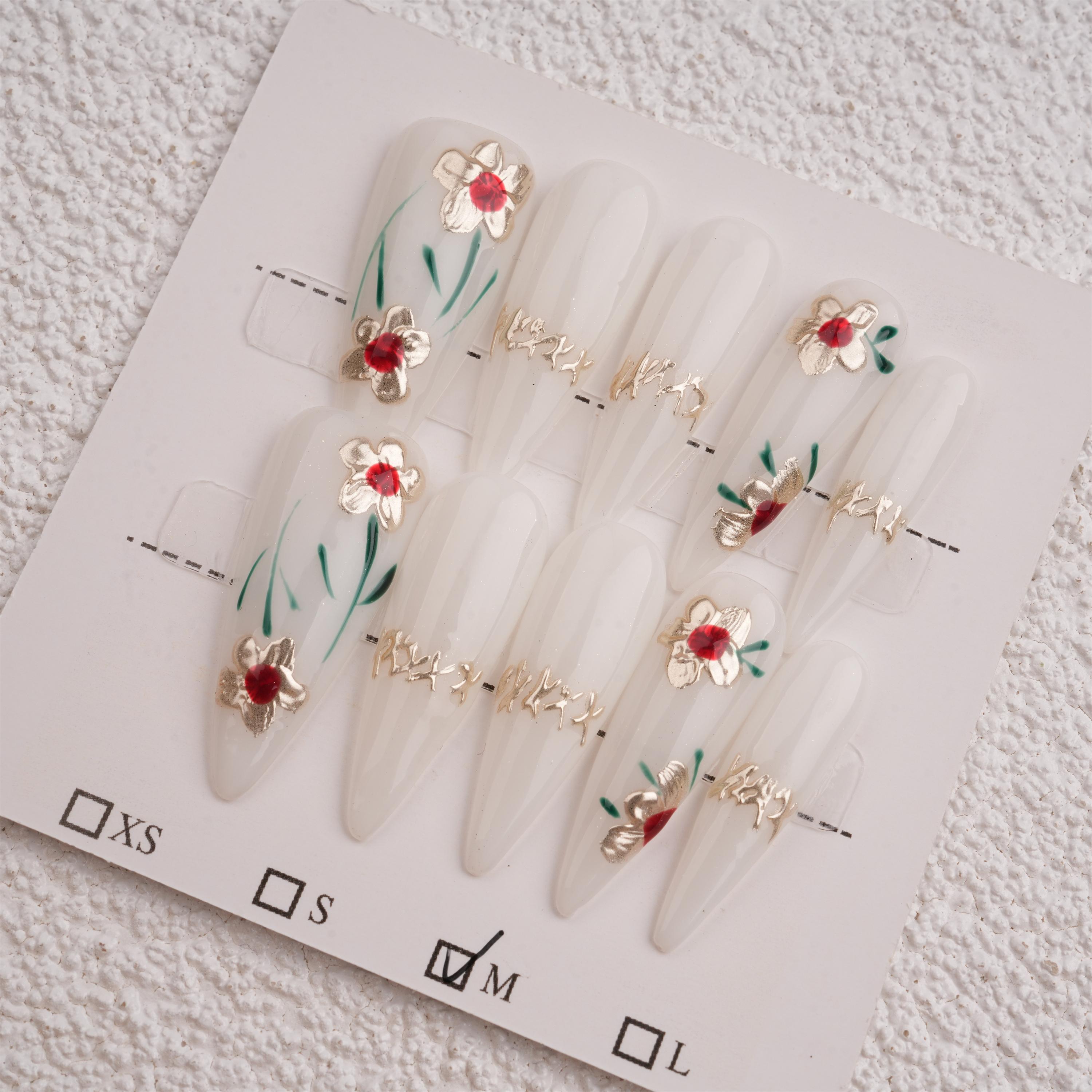Diamond Floral Glossy Press On Nails,Long Stiletto,Y2K Trendy Style,Elegant Fake Manicure,Birthday/Mother's Day Gifts