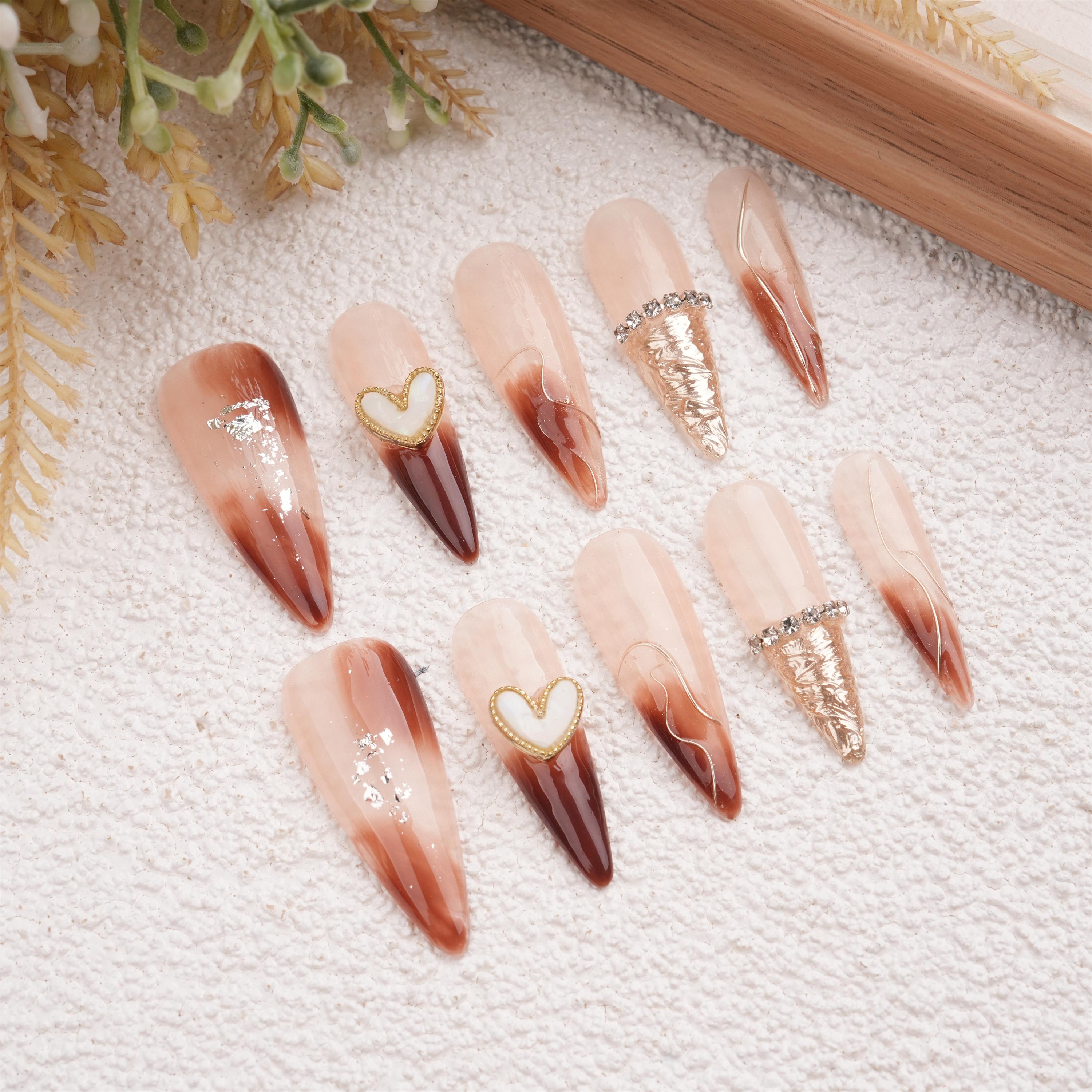 Elegant Handmade Blooming Amber Heart Press On Nails,Reusable Gel Manicure,Birthday/Mother's Day Gifts