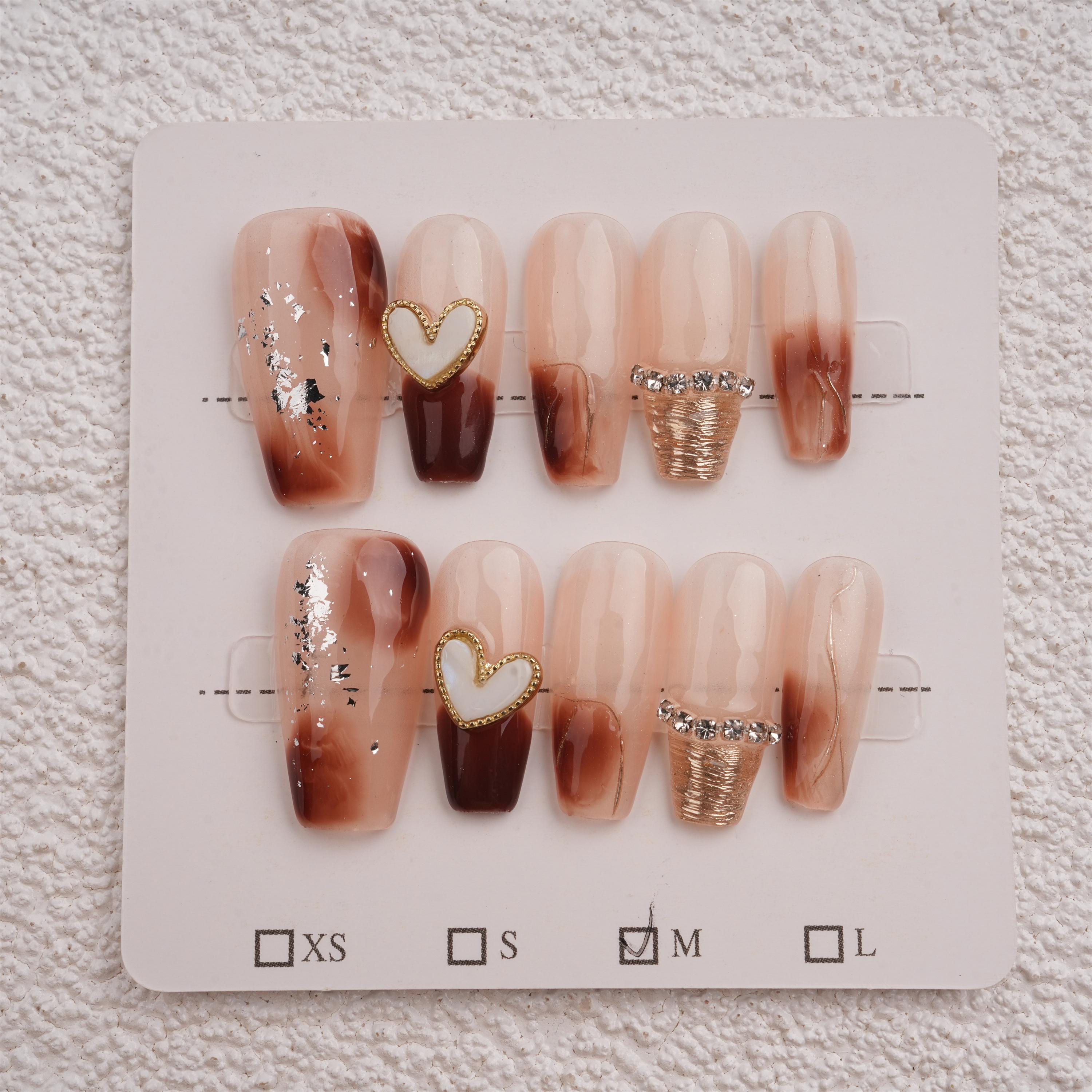 Handmade Heart Gold Foil Press on Nails,Medium Coffin