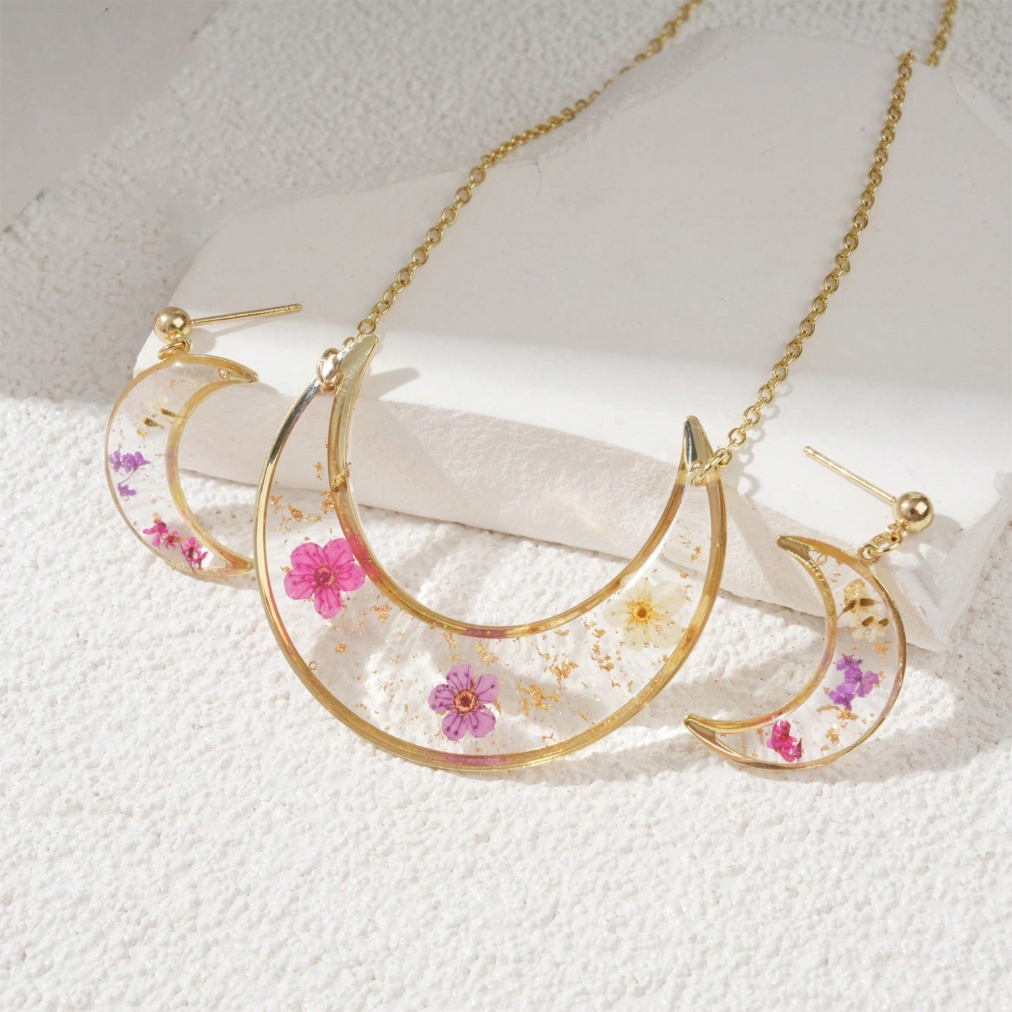 Moon Dried Flower Necklace Earrings Real Flower Natural Eternal Flower Resin Gift