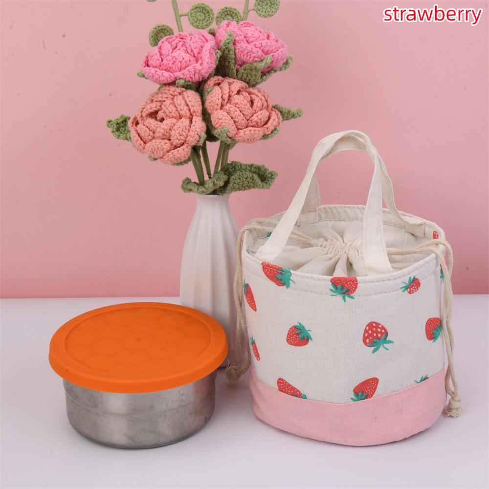 Orange/Strawberry/Apple/Pear Round Cotton Linen Insulated Lunch Bag, Premium Quality Drawstring Bag, Back to School