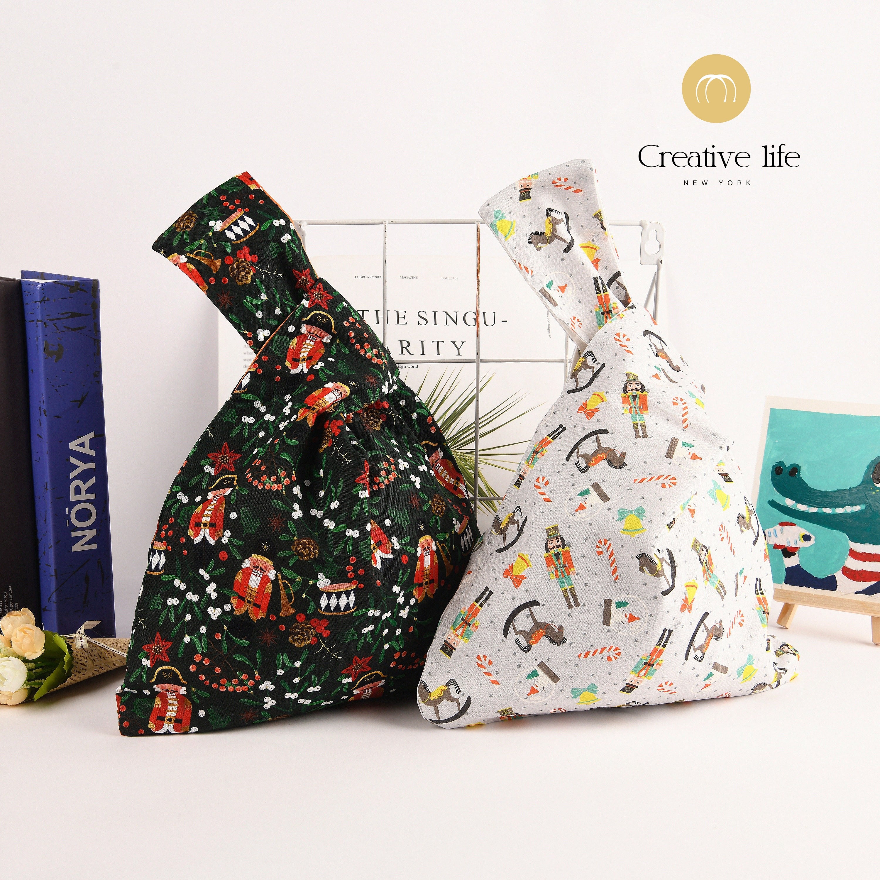Cartoon Pattern Japanese Knot Bag, Wrist Bag, Essentials Knot Bag, Soft Cotton Fabric