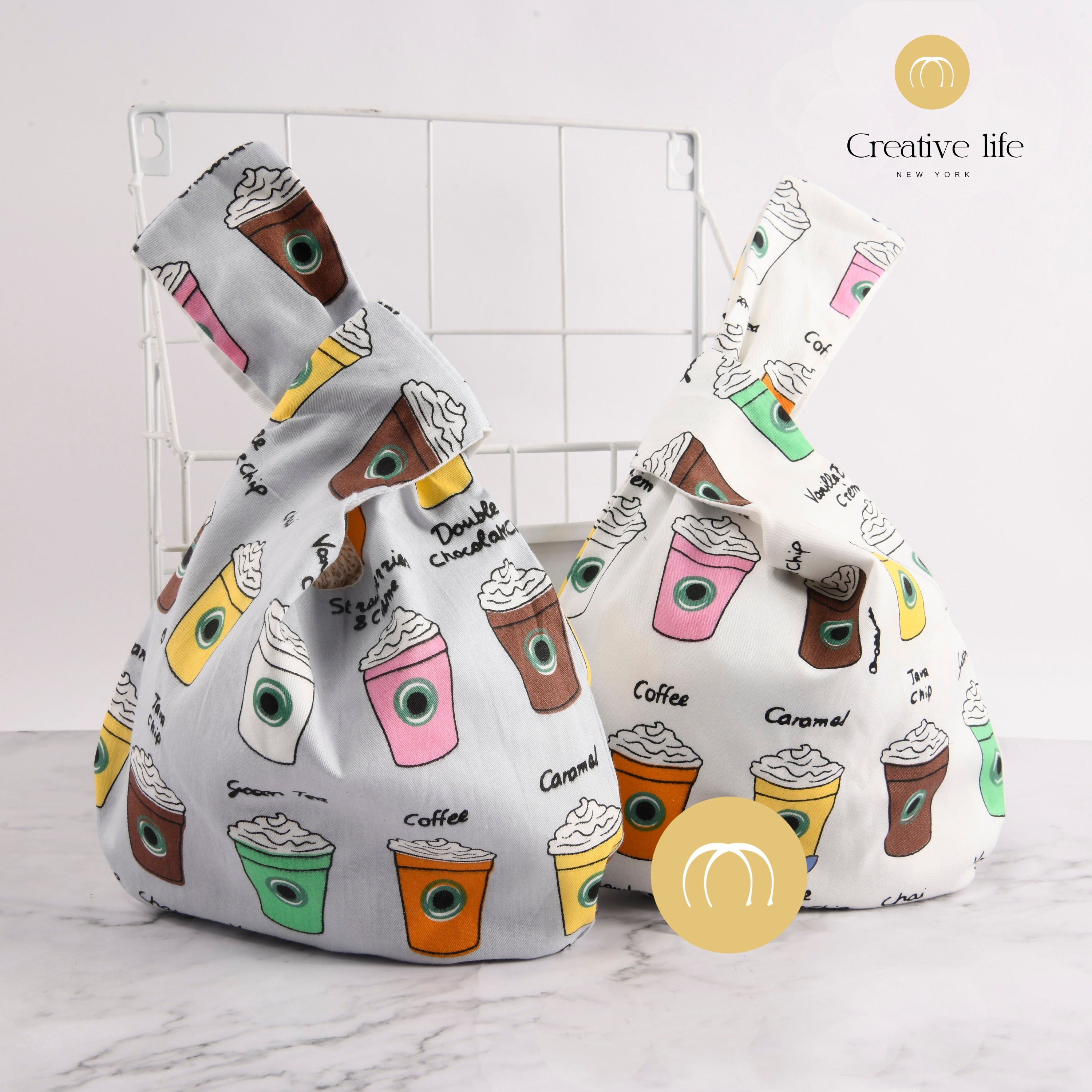 Coffee Cup Print Japanese Knot Bag: Cotton Wrist Bag