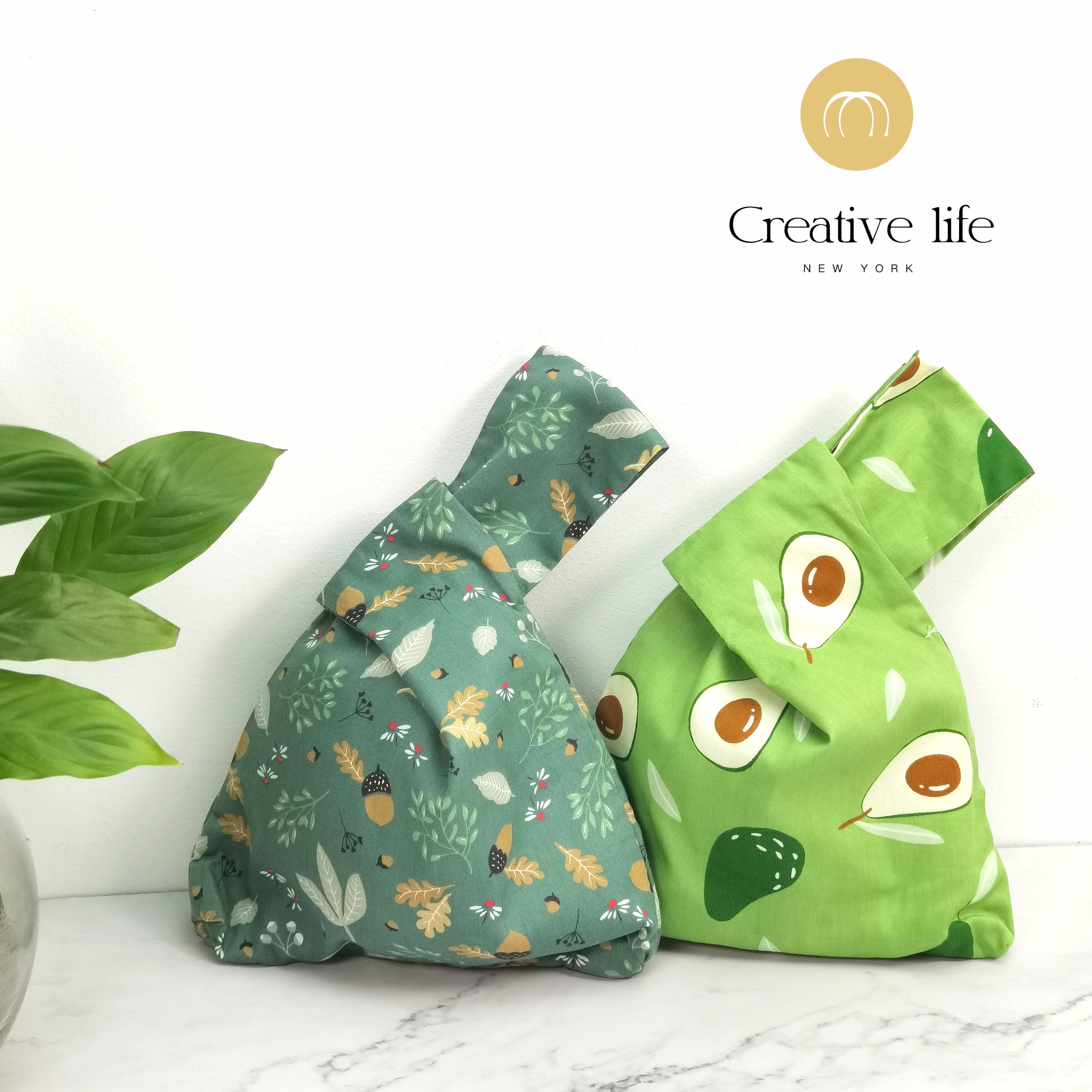 Green Cotton Knot Bag: Acorn Flowers/Avocado Pattern, Cute Purse