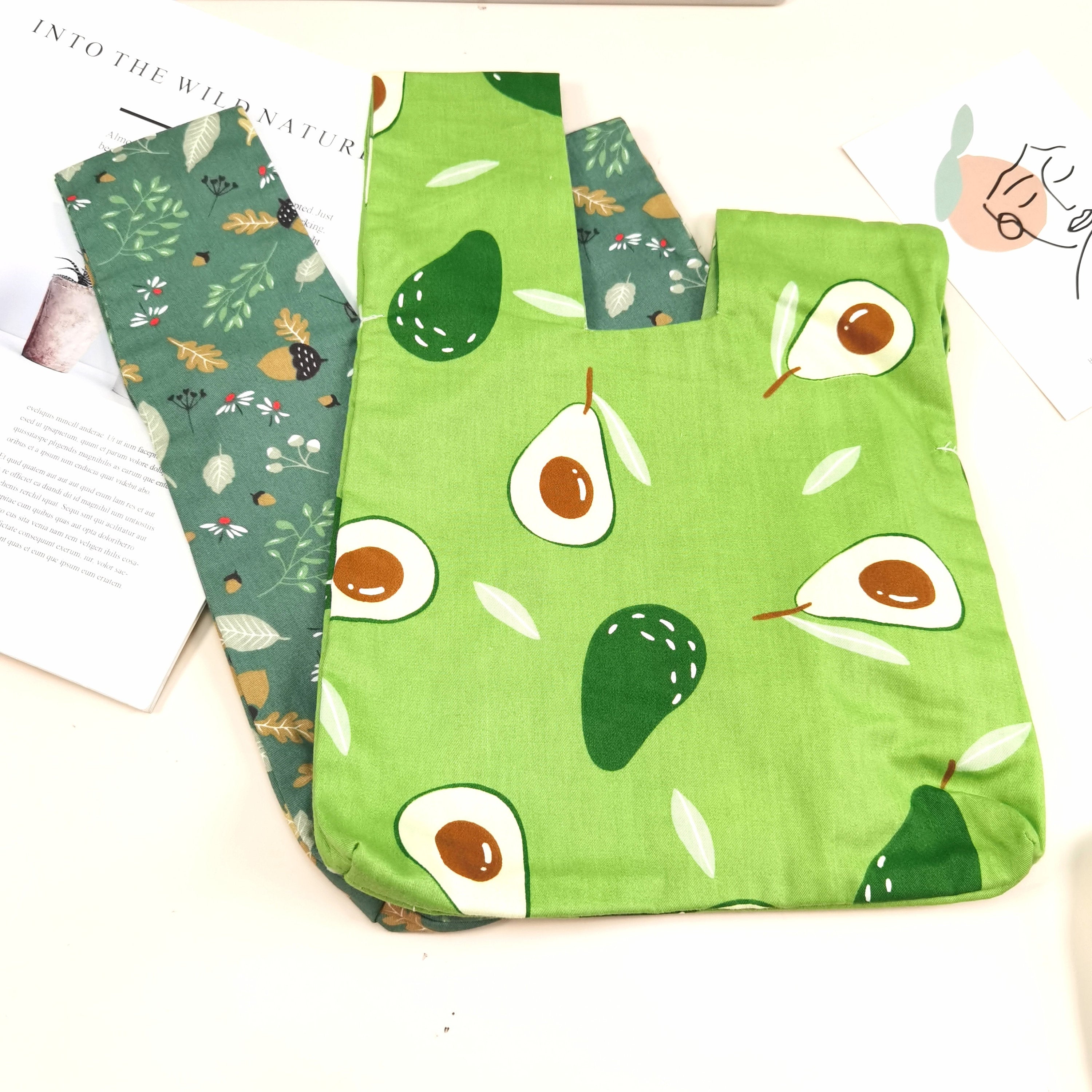 Green Cotton Knot Bag: Acorn Flowers/Avocado Pattern, Cute Purse