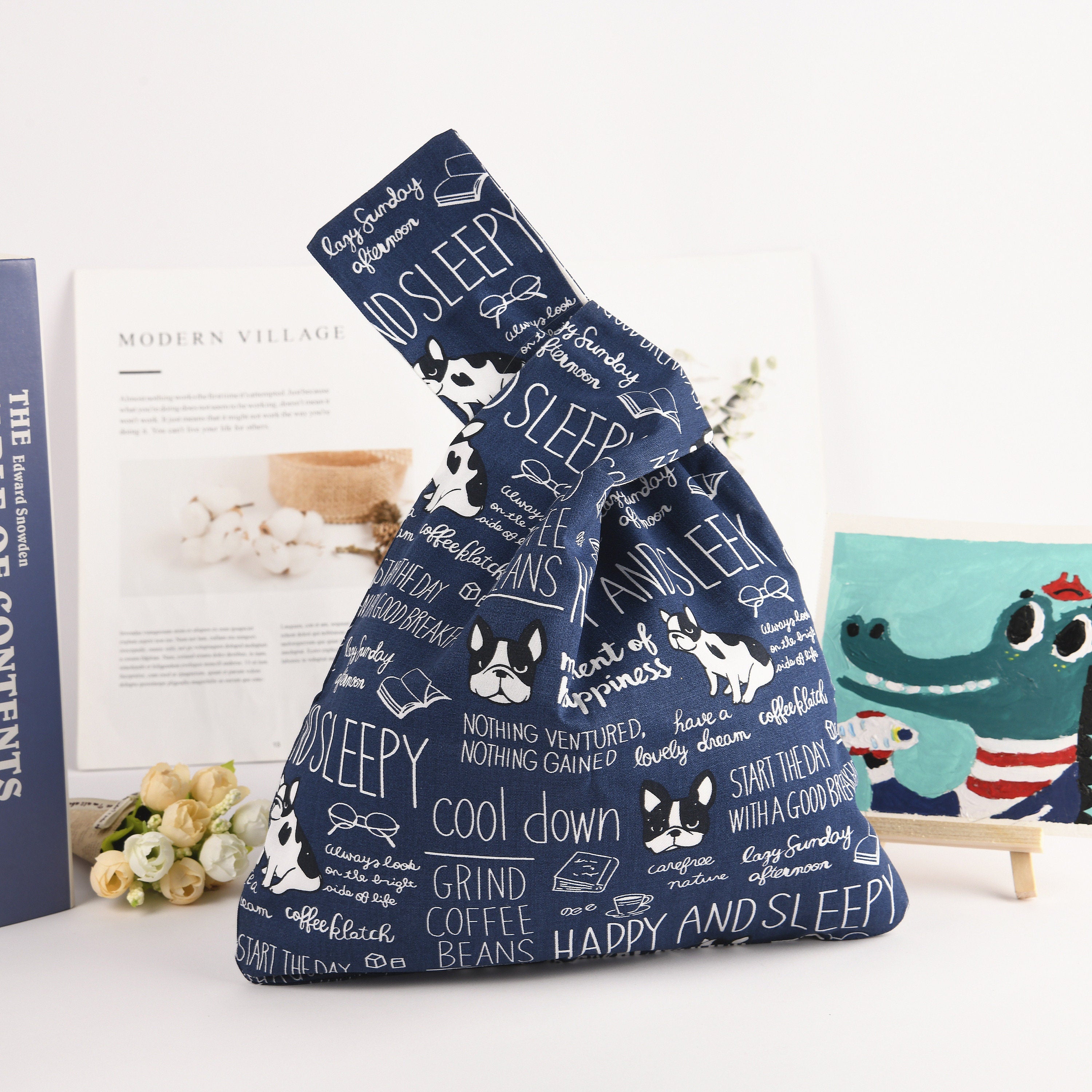 Blue Doggy Print Japanese Knot Bag: Cotton Wrist Bag