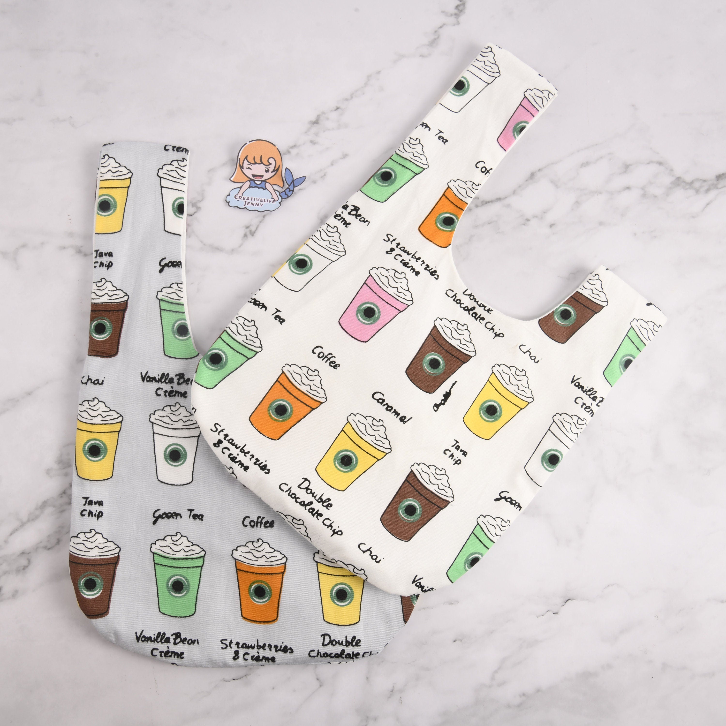 Coffee Cup Print Japanese Knot Bag: Cotton Wrist Bag