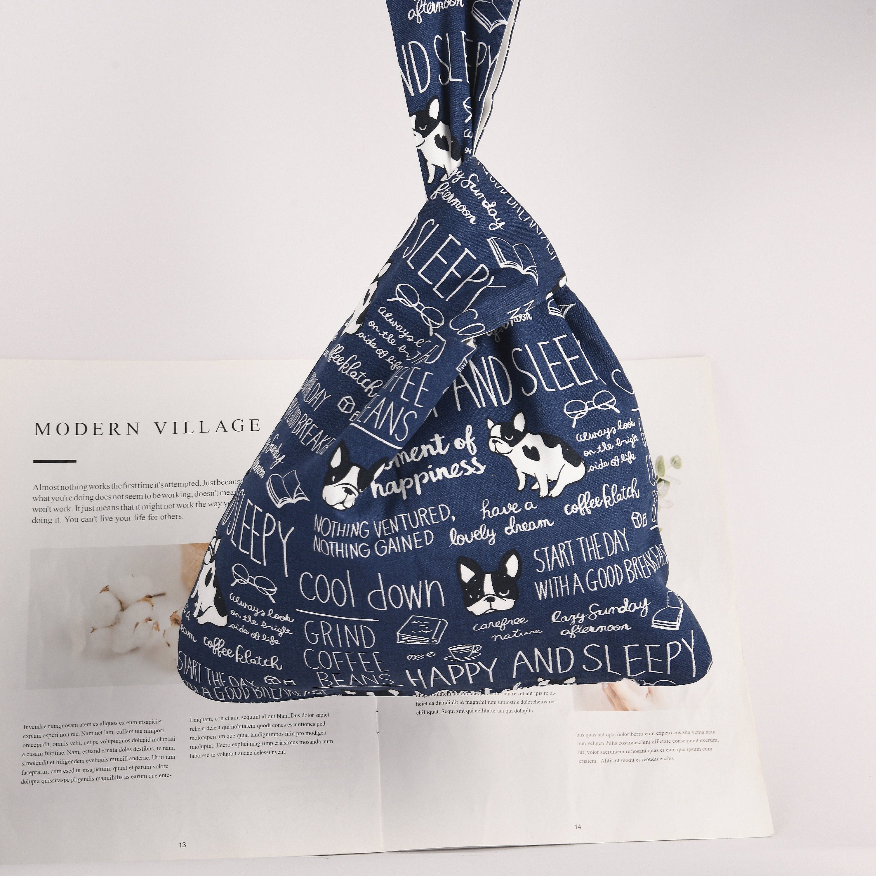 Blue Doggy Print Japanese Knot Bag: Cotton Wrist Bag