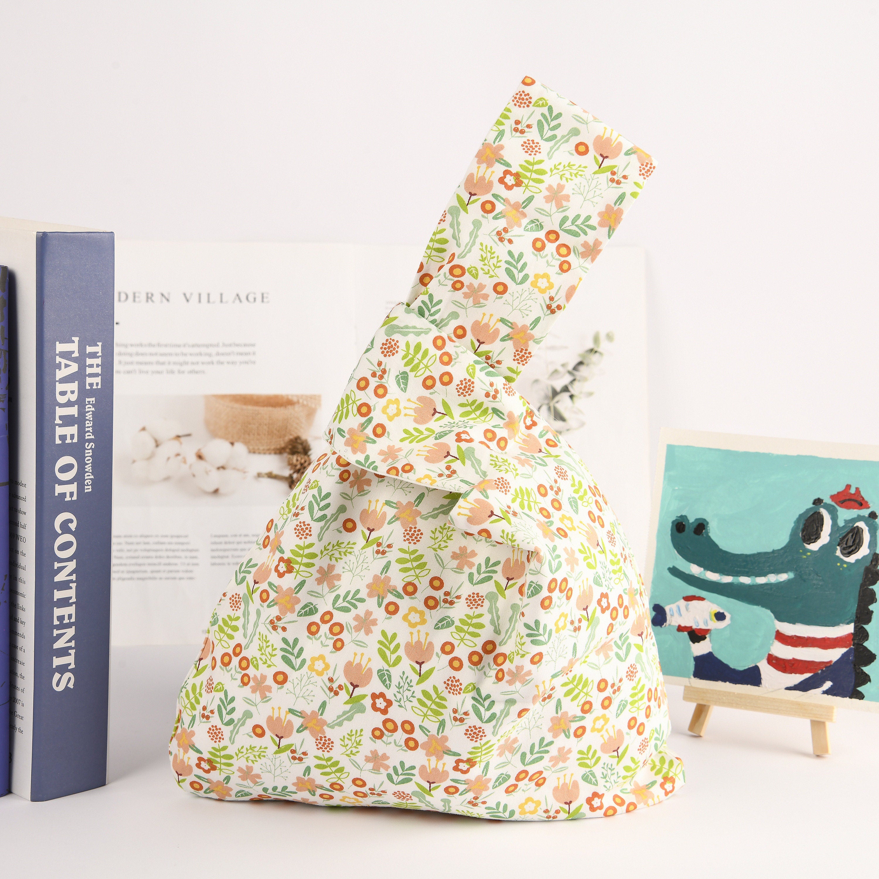 Floral Japanese Knot Bag, Satin Wrist Bag, Wedding Favor Bridesmaid Gift
