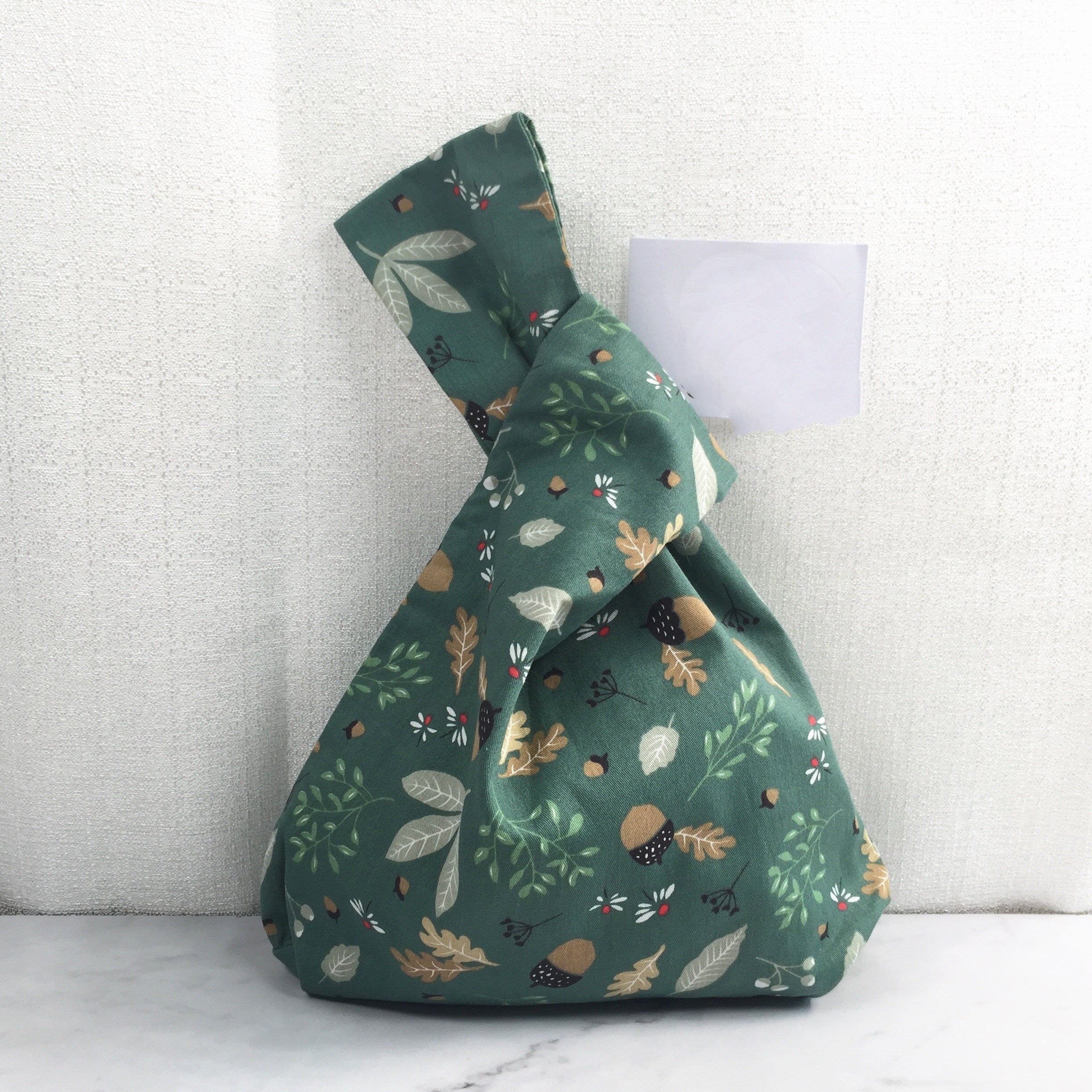 Green Cotton Knot Bag: Acorn Flowers/Avocado Pattern, Cute Purse