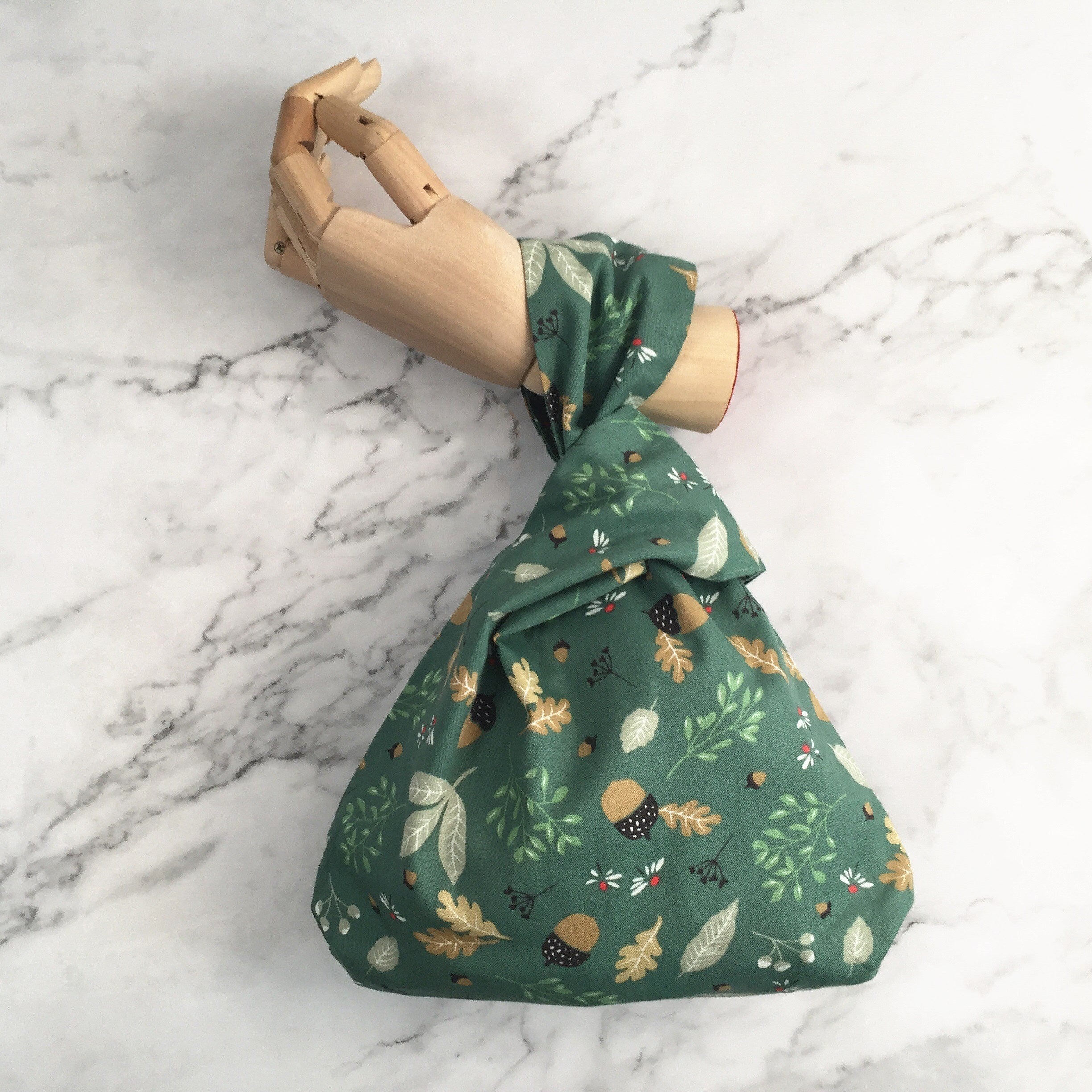 Green Cotton Knot Bag: Acorn Flowers/Avocado Pattern, Cute Purse
