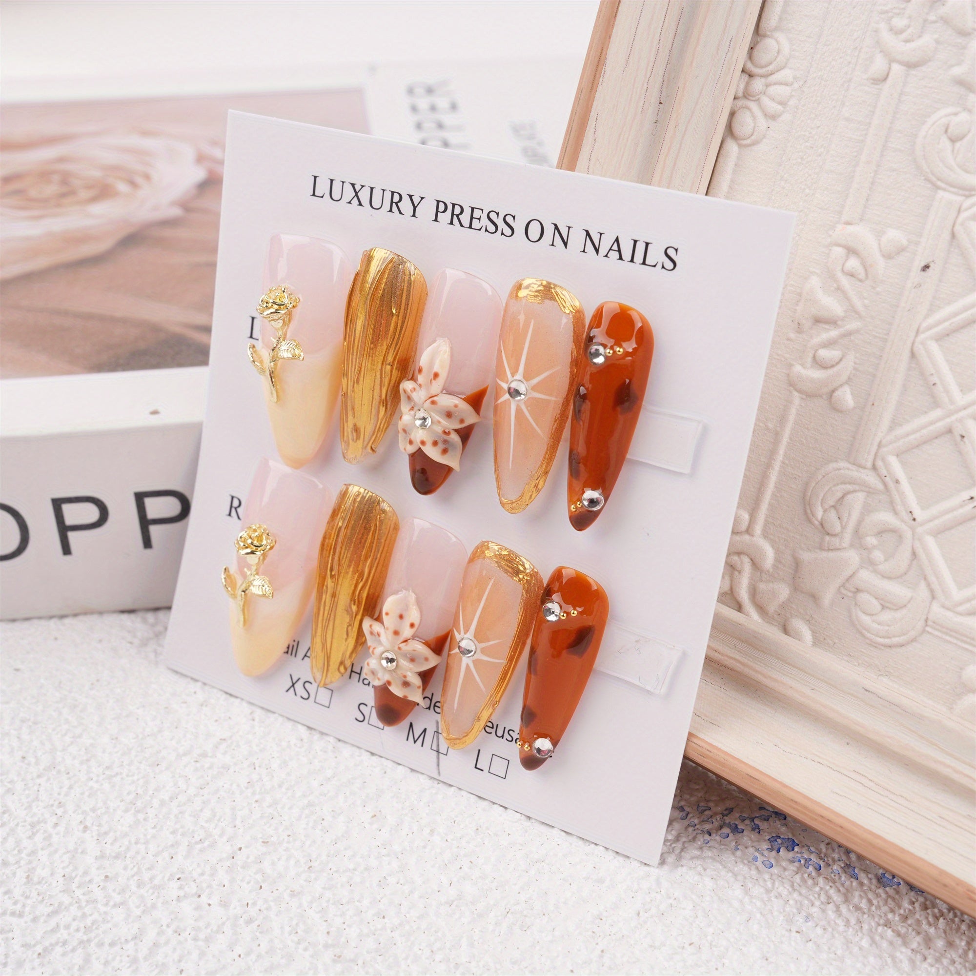 Metallic Rose and Lily Press on Nails, Floarl Pattern Reusable Coffin Manicure, Birthday Party Gift