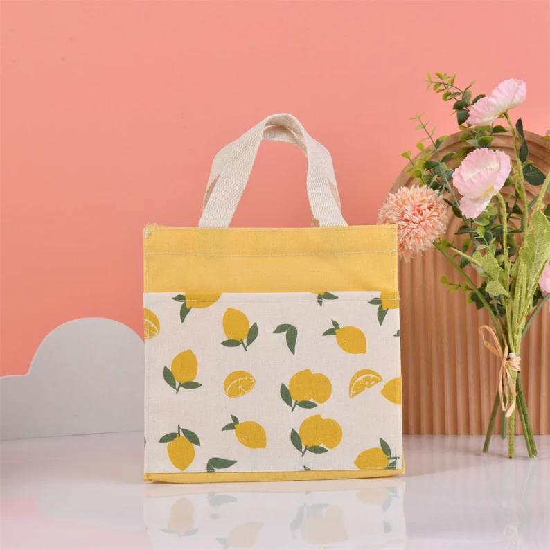 Size M Lemon/Avocado/Orange Linen Canvas Tote, Fruit Lunch Totes, Back to School