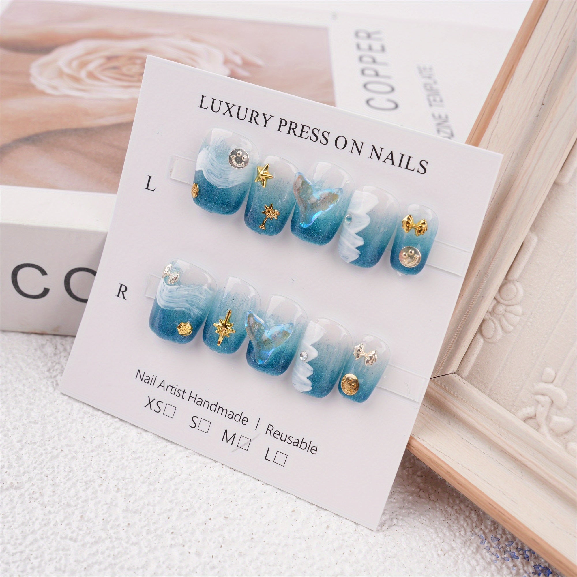 Summer Ocean Style Blue Short Coffin Press on Nails, Mermaid Pearl Stars Reusable Coffin Manicure, Birthday Party Gift