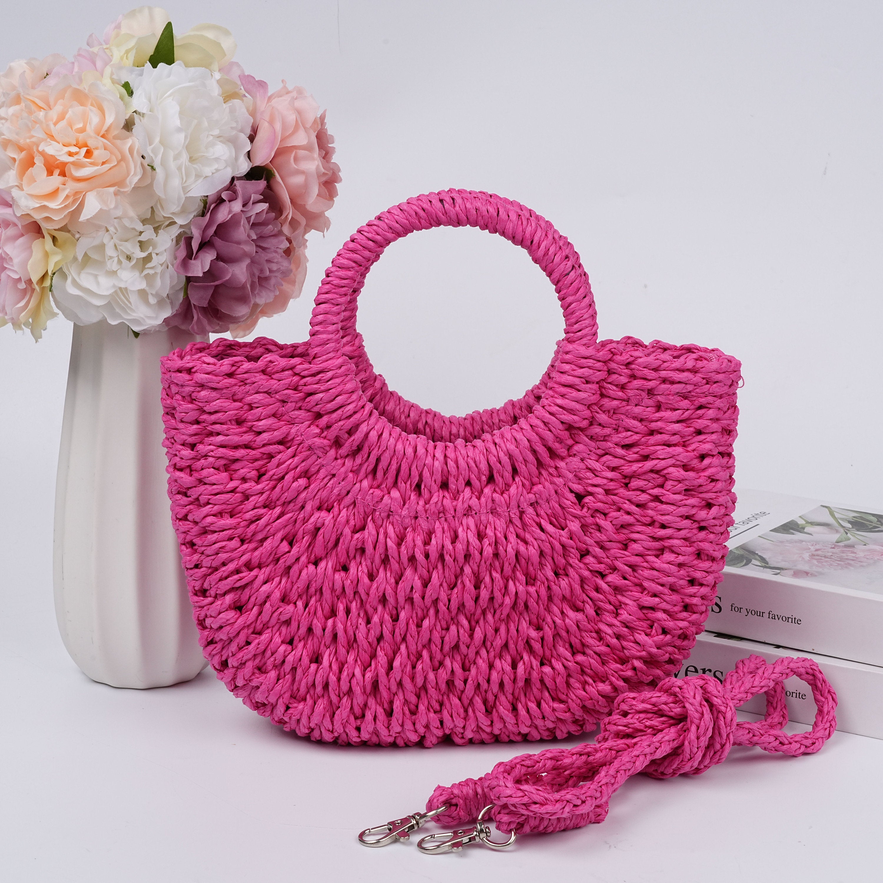 Solid Color Straw Woven Drawstring Bag,Summer Beach Bag,Wedding Guest Gift