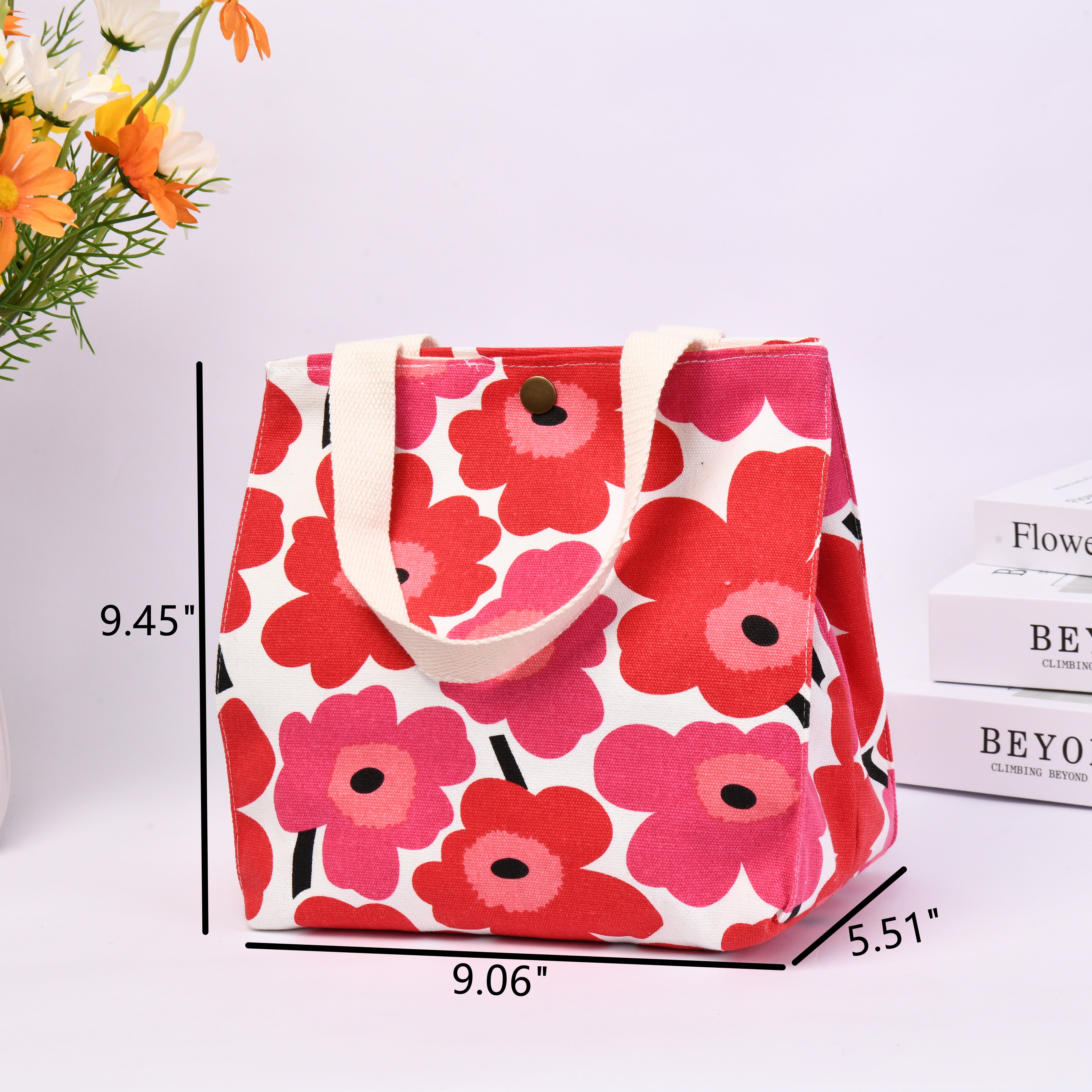 Fabric Handbag Purse,Large Flower Zipper Lunch Tote,Perfect for Work,Pinic,Back to school