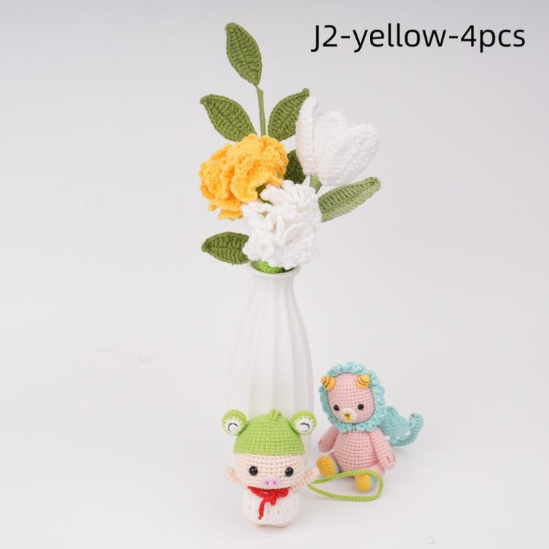 4/6PCS Handmade Crochet Tulip Rose Hydrangea Bouquet,Home Desk Decor