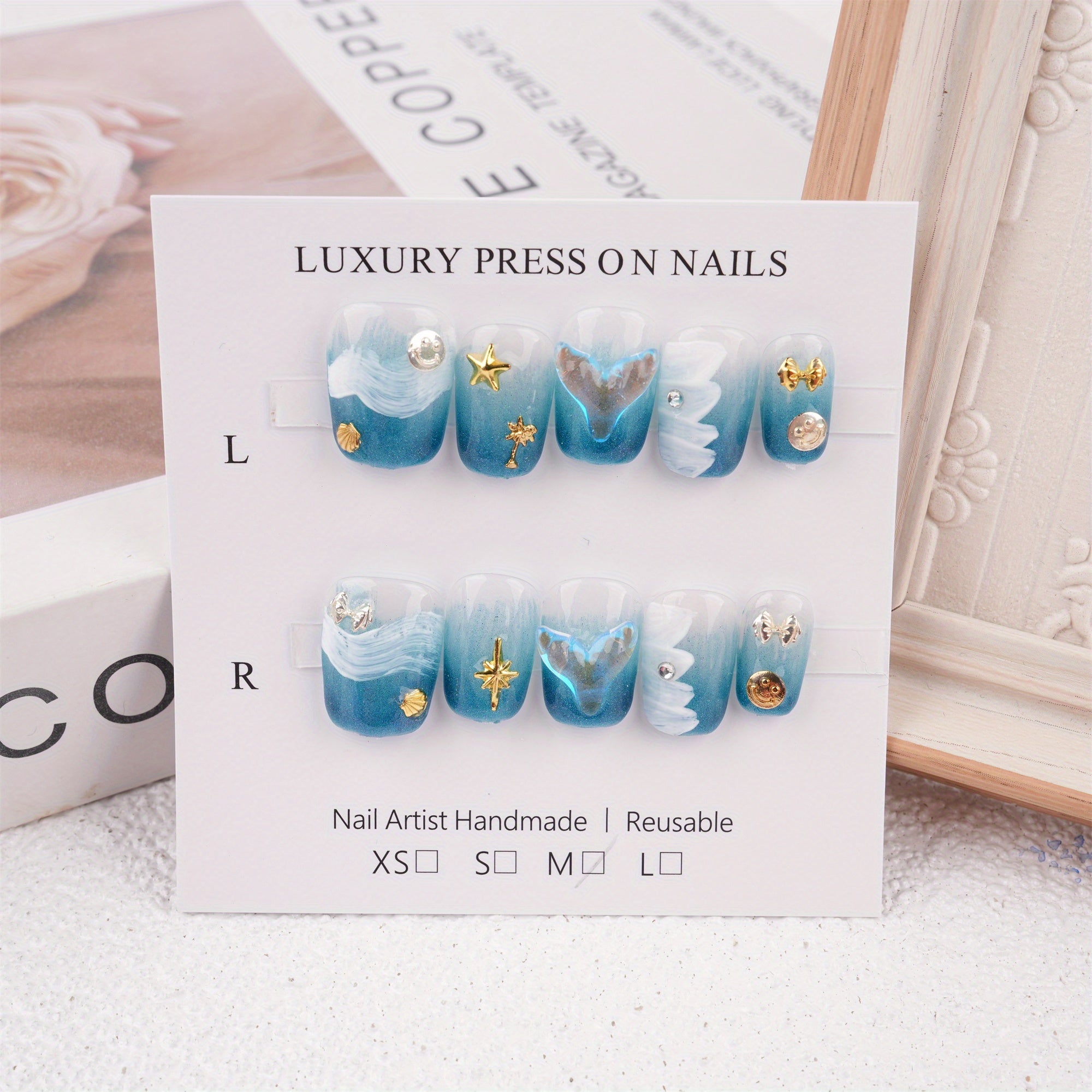 Summer Ocean Style Blue Short Coffin Press on Nails, Mermaid Pearl Stars Reusable Coffin Manicure, Birthday Party Gift