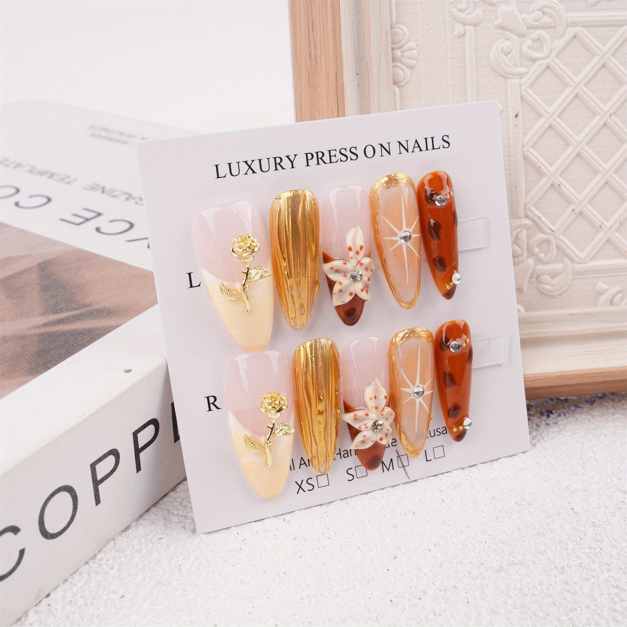 Metallic Rose and Lily Press on Nails, Floarl Pattern Reusable Coffin Manicure, Birthday Party Gift