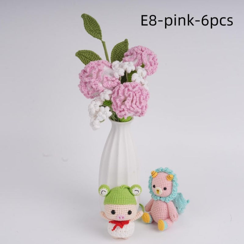 4/6PCS Handmade Crochet Tulip Rose Hydrangea Bouquet,Home Desk Decor