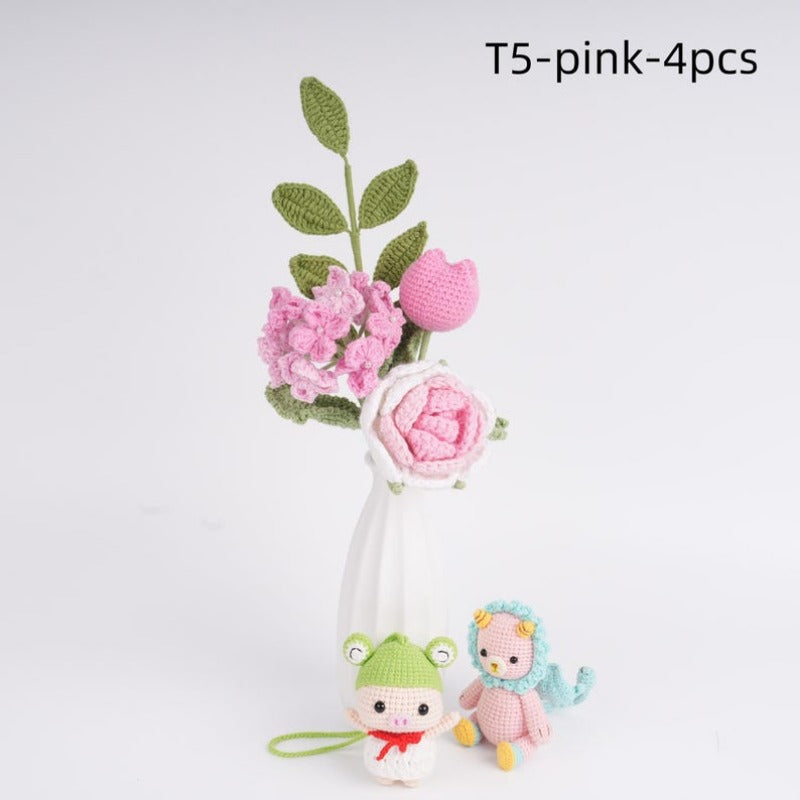 4PCS Handmade Knitted Rose Tulip Bouquet,Hydrangea,Lily of the Valley,Mother Sister Girlfriend