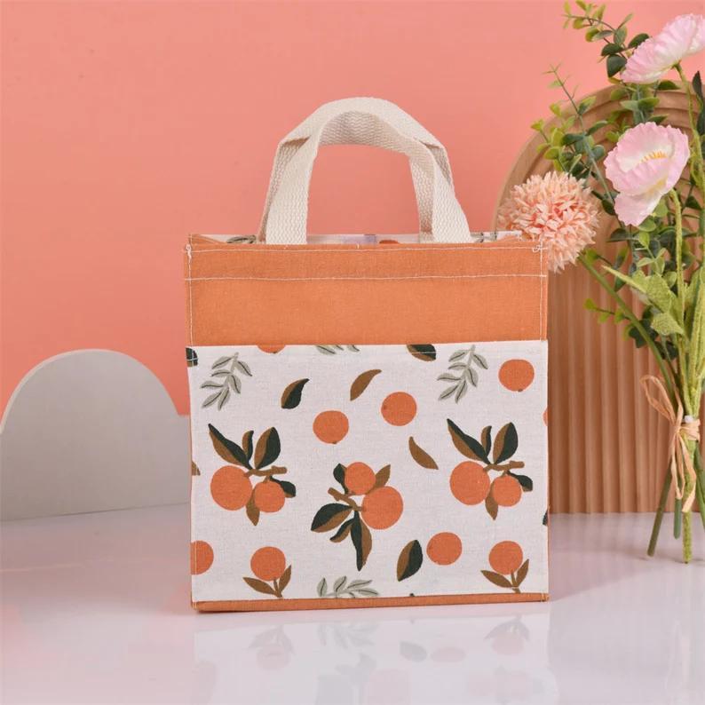 Size M Lemon/Avocado/Orange Linen Canvas Tote, Fruit Lunch Totes, Back to School