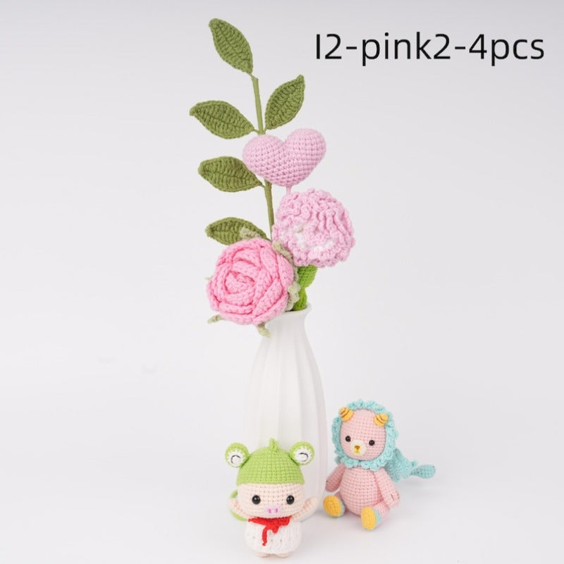 4PCS Handmade Crochet Flower Bouquet,Lily,Rose,Carnation,lily of the valley,Knitted Heart