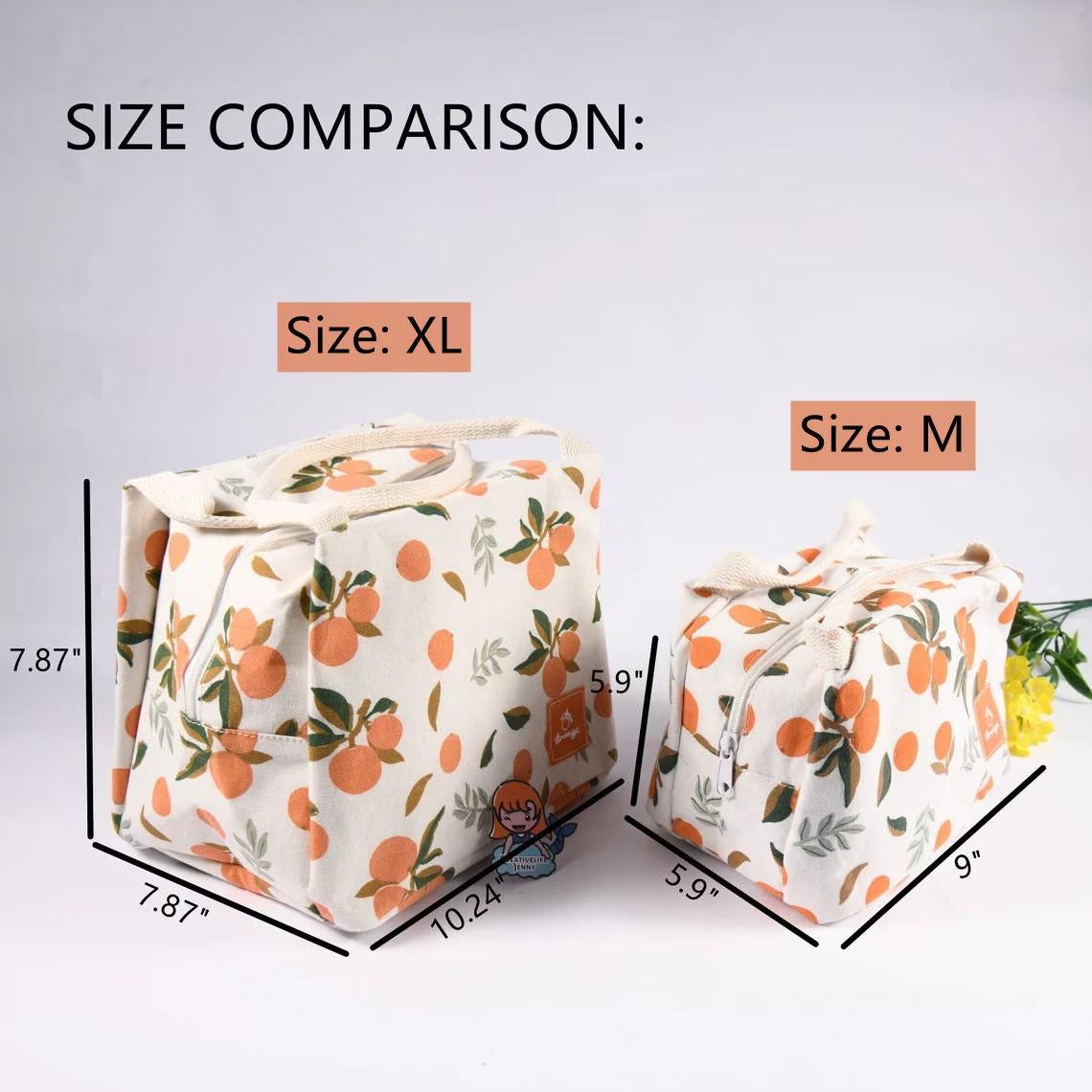 Size XL Orange/Avocado/Lemon/Peach Cotton Linen Insulated Lunch Bag, Premium Quality Zipper Bag, Back to School