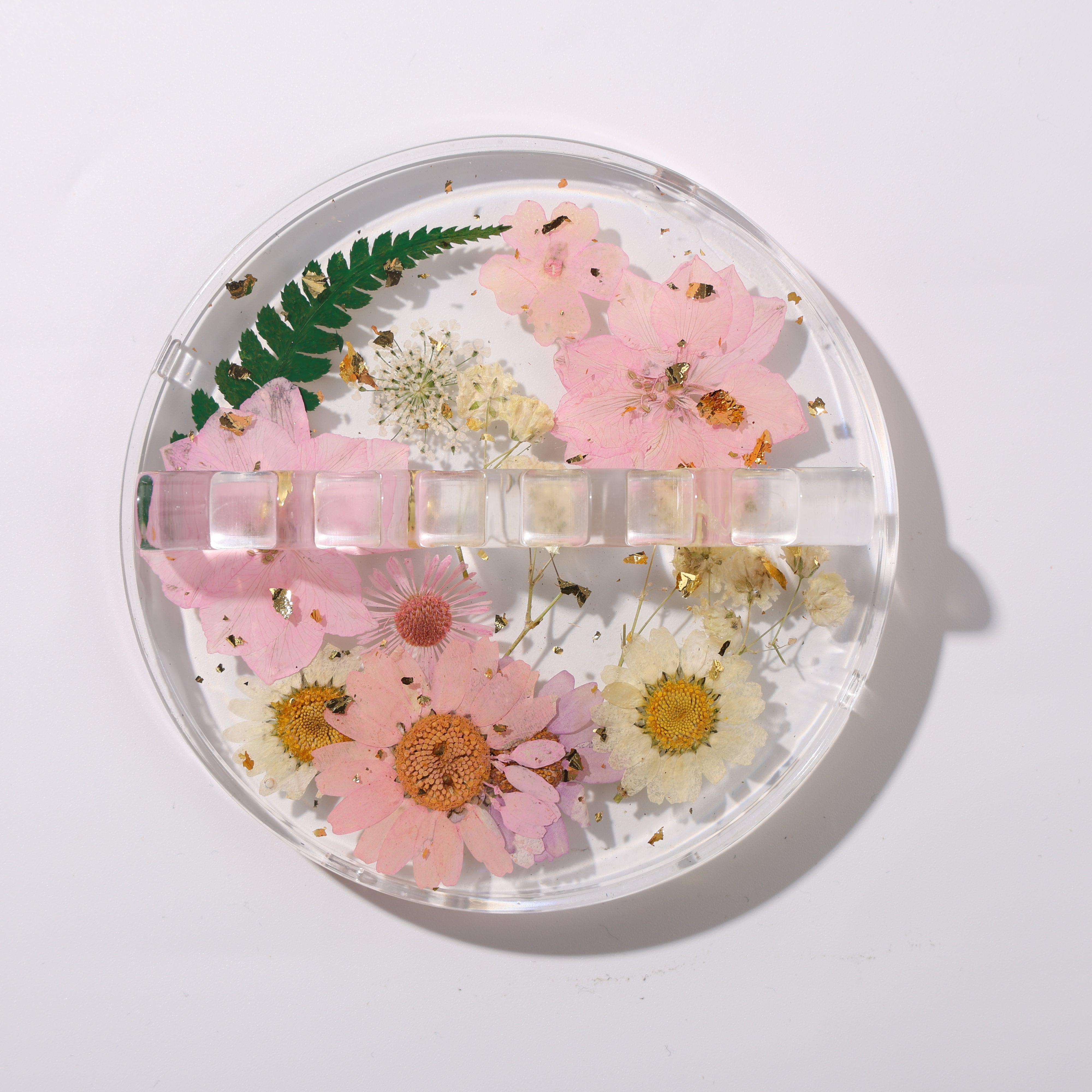 Round Resin Paint Brush Holder,Real Folwers,Daisy,Gold Flakes, Artist Gifts