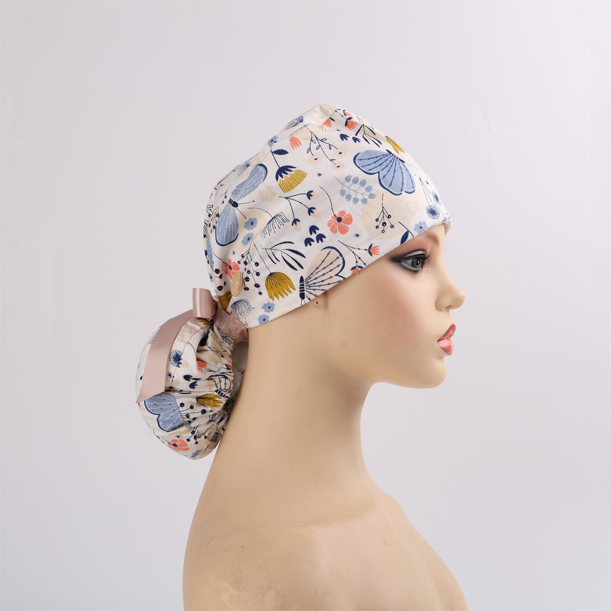 Cotton Ponytail Surgical Scrub Cap, Blue Butterfly on White Cotton