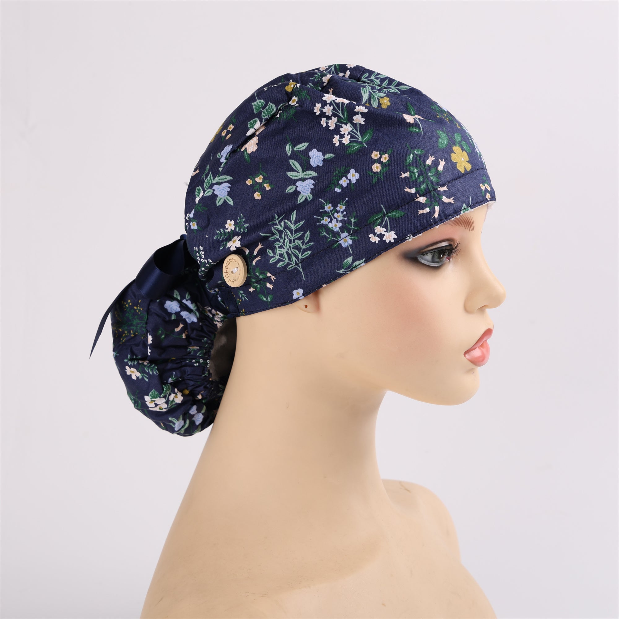 Navy Wildflowers Cotton Ponytail Scrub Cap