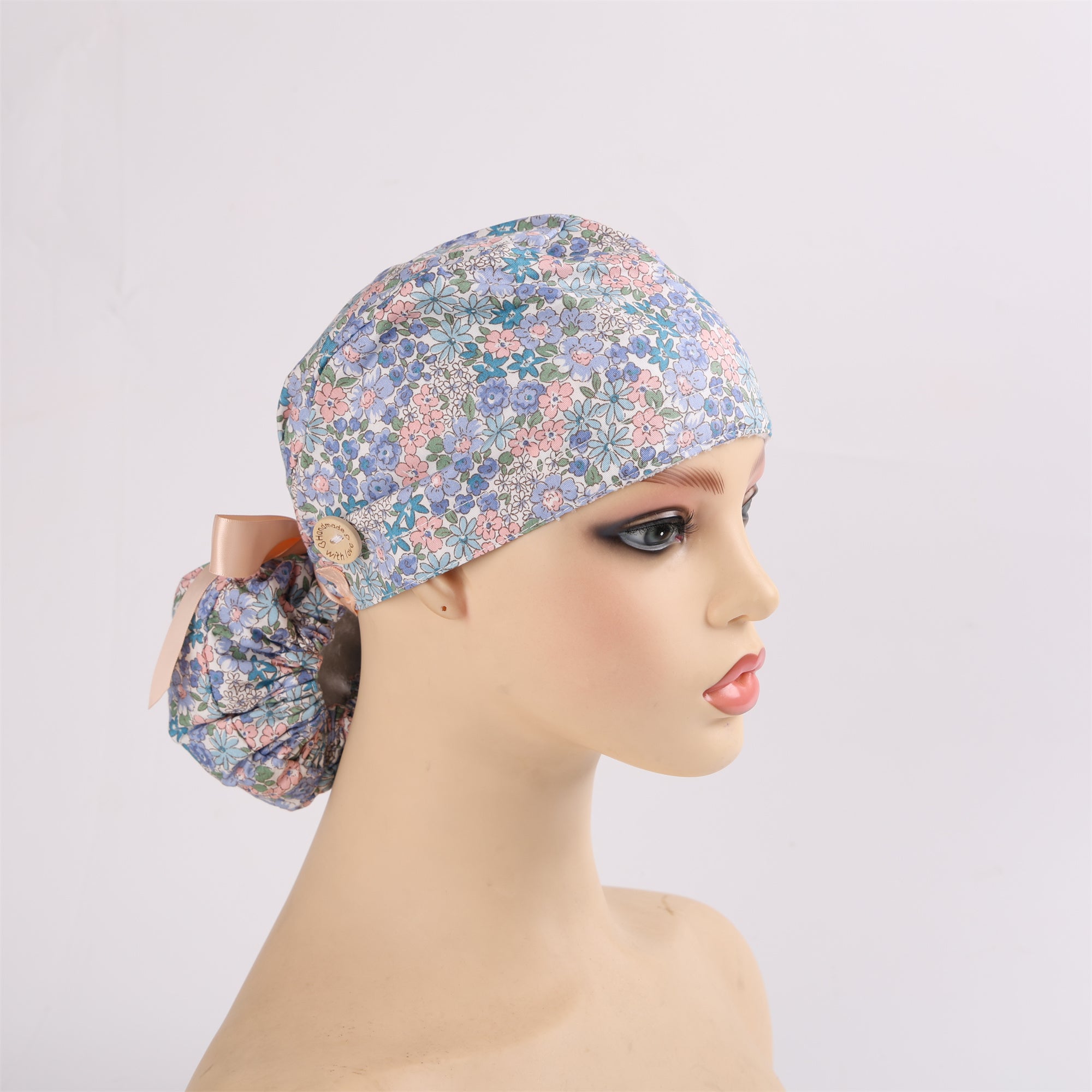 Cottage Flowers Cotton Ponytail Scrub Cap