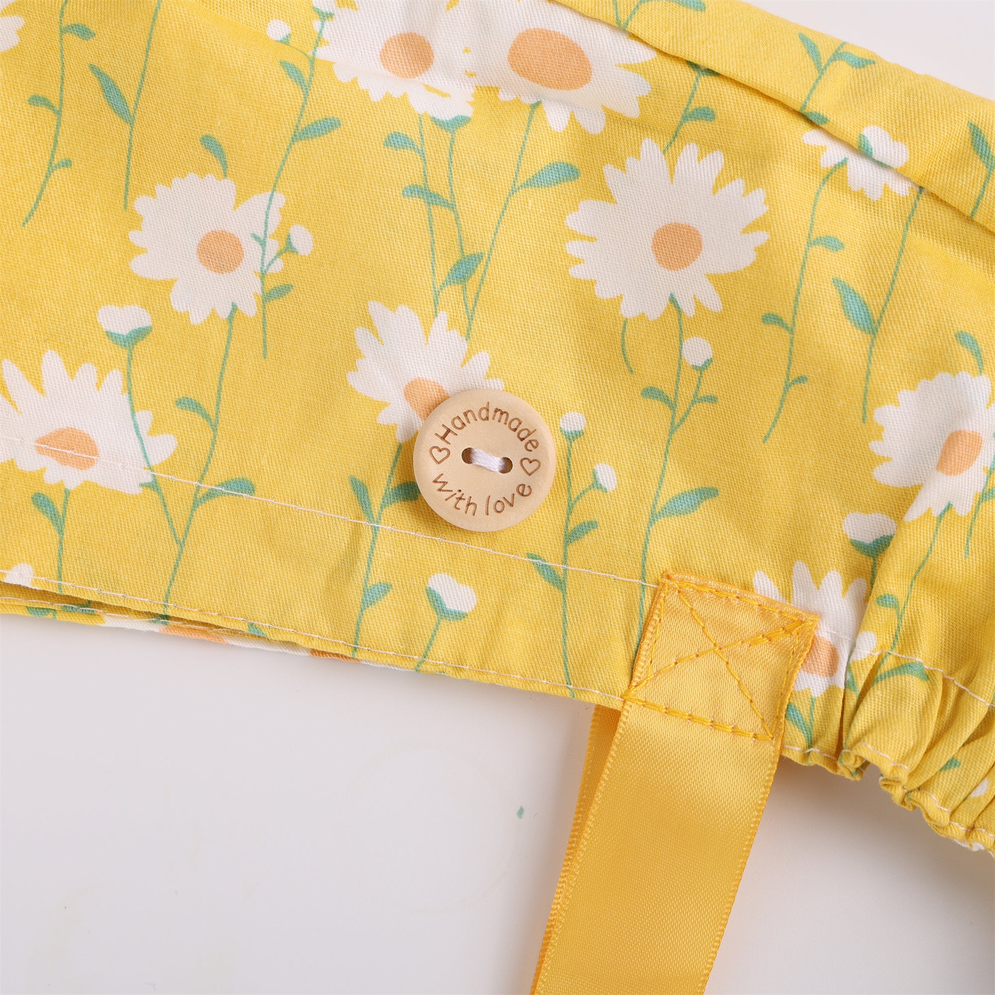 Fabric Ponytail Scrub Cap: White Flowers in Yellow Cotton
