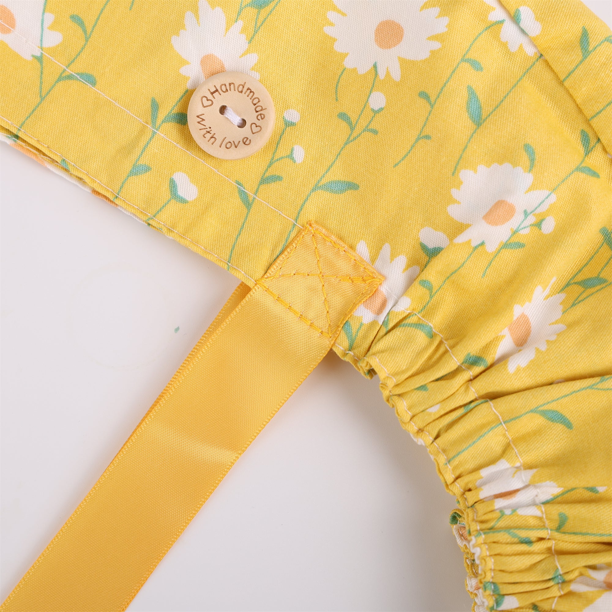 Fabric Ponytail Scrub Cap: White Flowers in Yellow Cotton