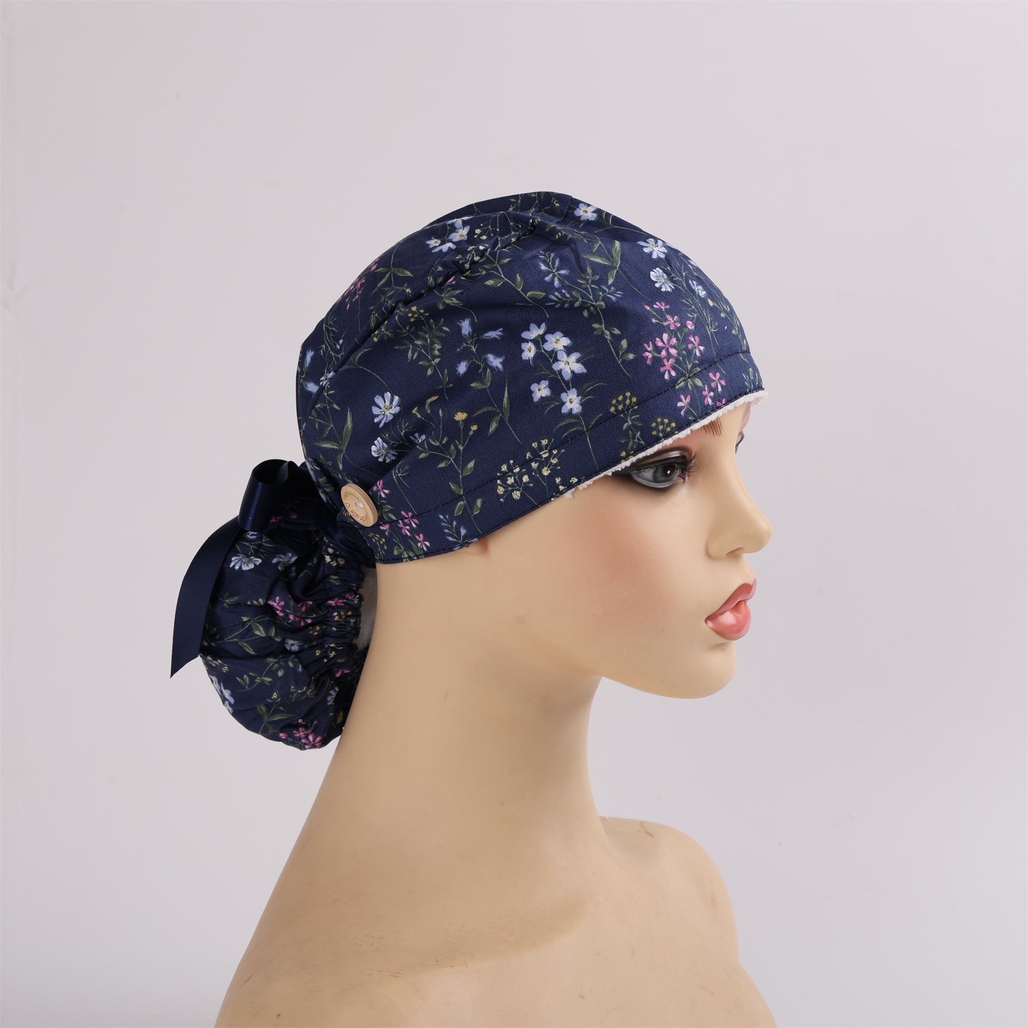 Blue Purple Floral Cotton Ponytail Scrub Cap