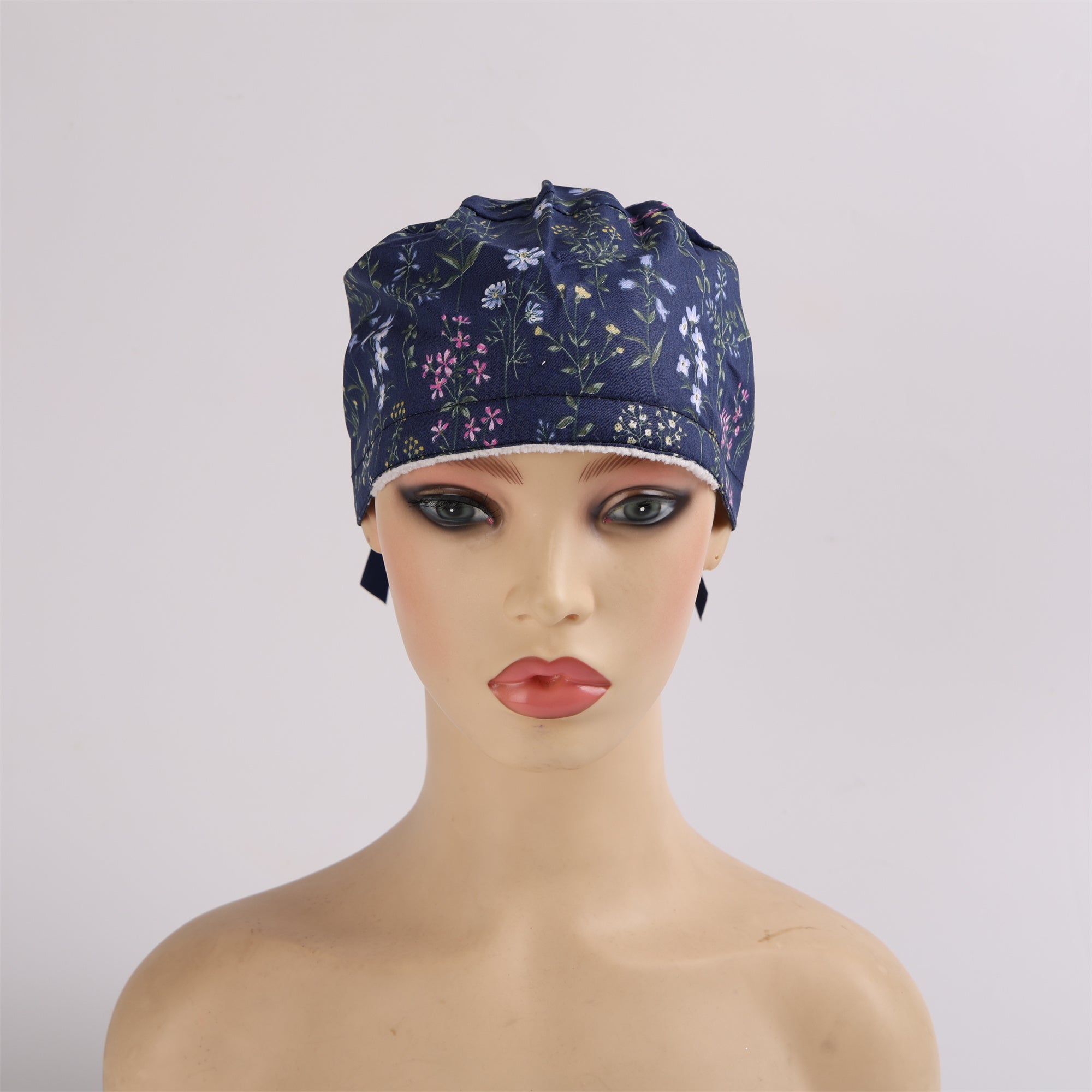 Blue Purple Floral Cotton Ponytail Scrub Cap